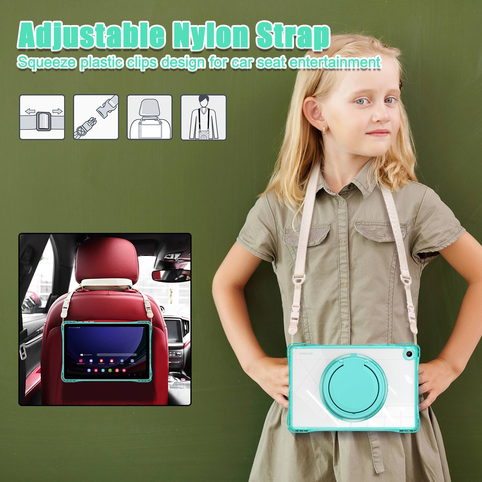 Adjustable Nylon Strap  
Squeeze plastic clips design for car seat entertainment