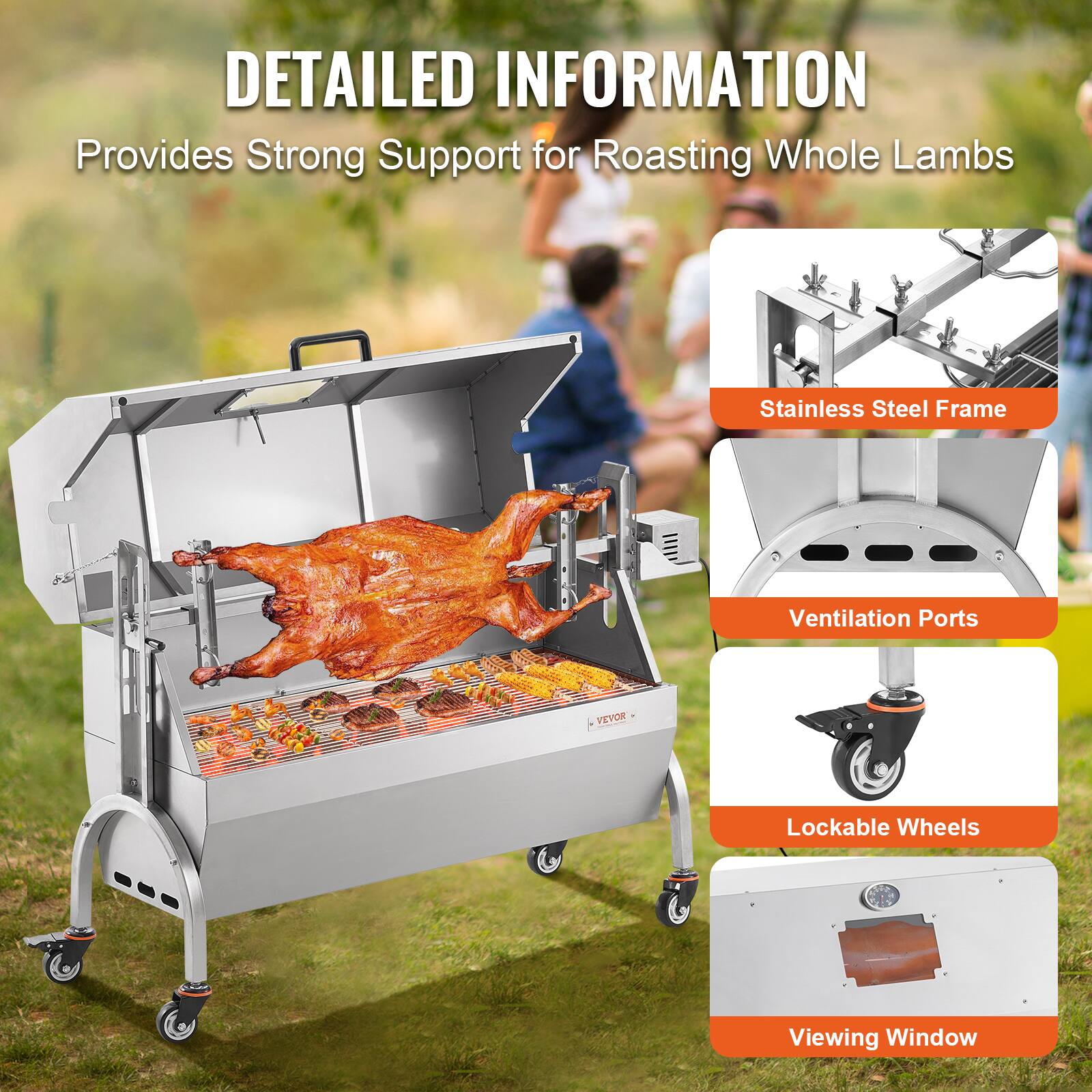 DETAILED INFORMATION, Provides Strong Support for Roasting Whole Lambs, Stainless Steel Frame, Ventilation Ports, Lockable Wheels, Viewing Window