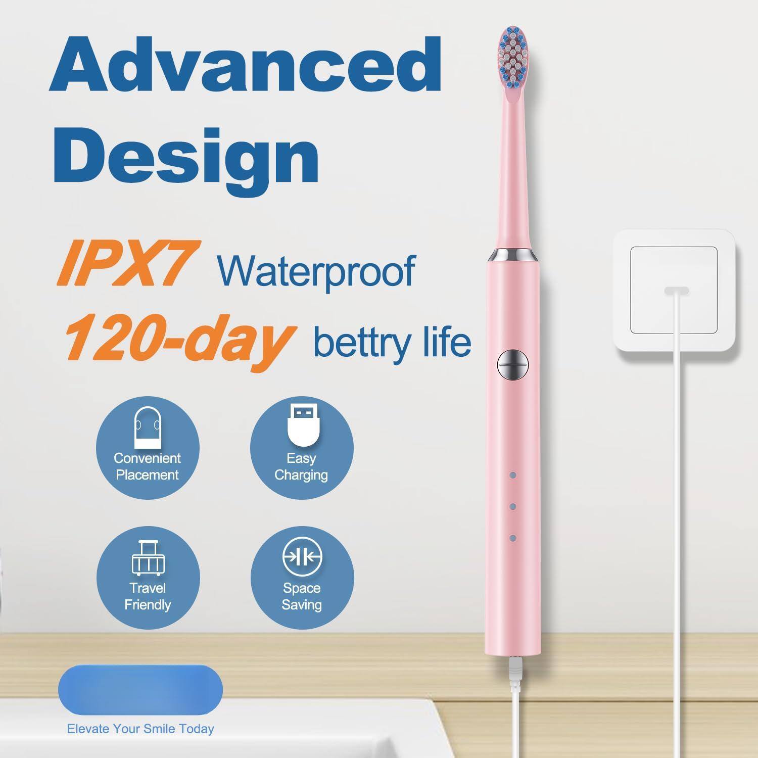 Advanced Design  
IPX7 Waterproof  
120-day battery life  

Convenient Placement  
Easy Charging  
Travel Friendly  
Space Saving  

Elevate Your Smile Today