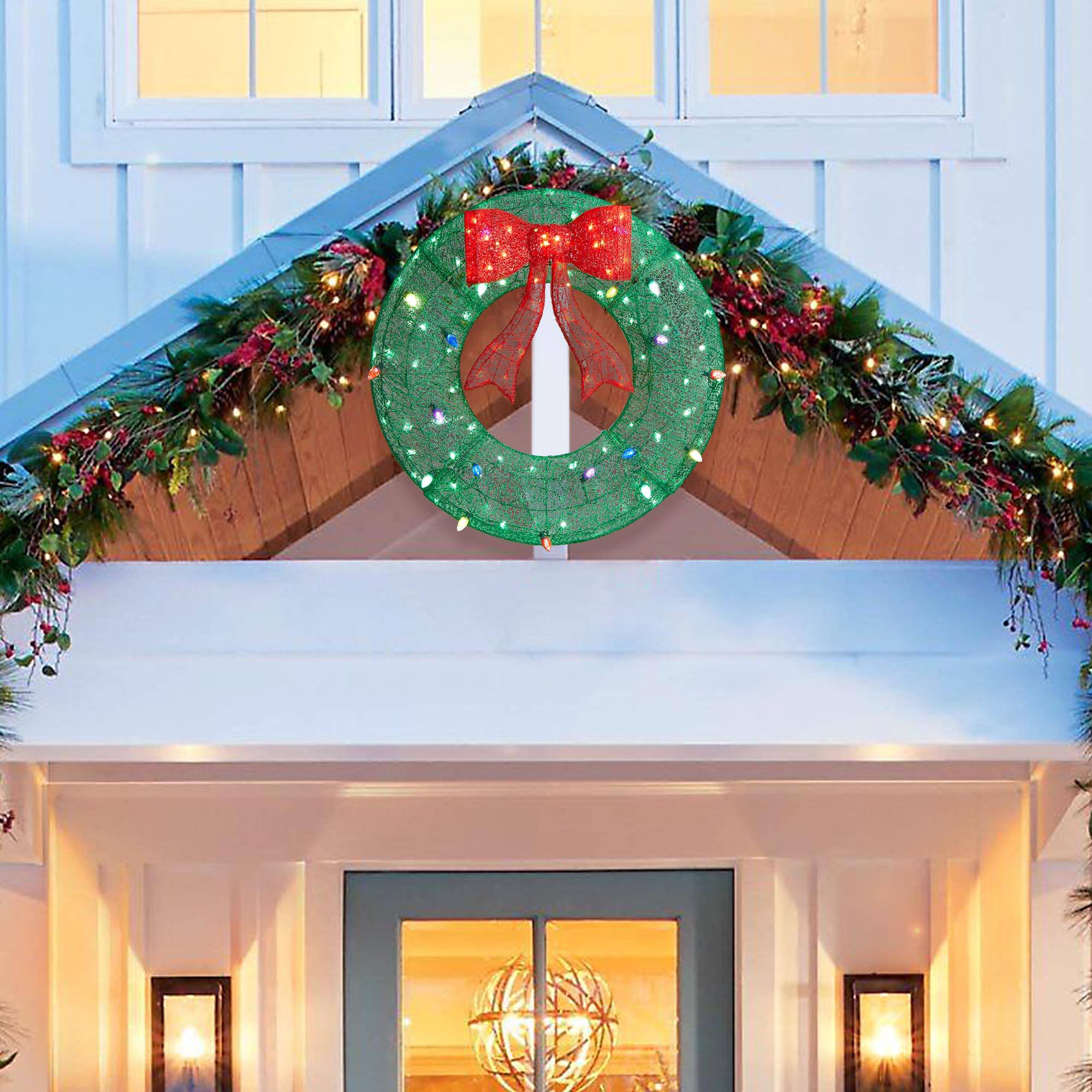 Alt View 5. Glitzhome - 35.5"H Lighted 3D Mesh Wreath with 130 LED Lights (KD) - Green.