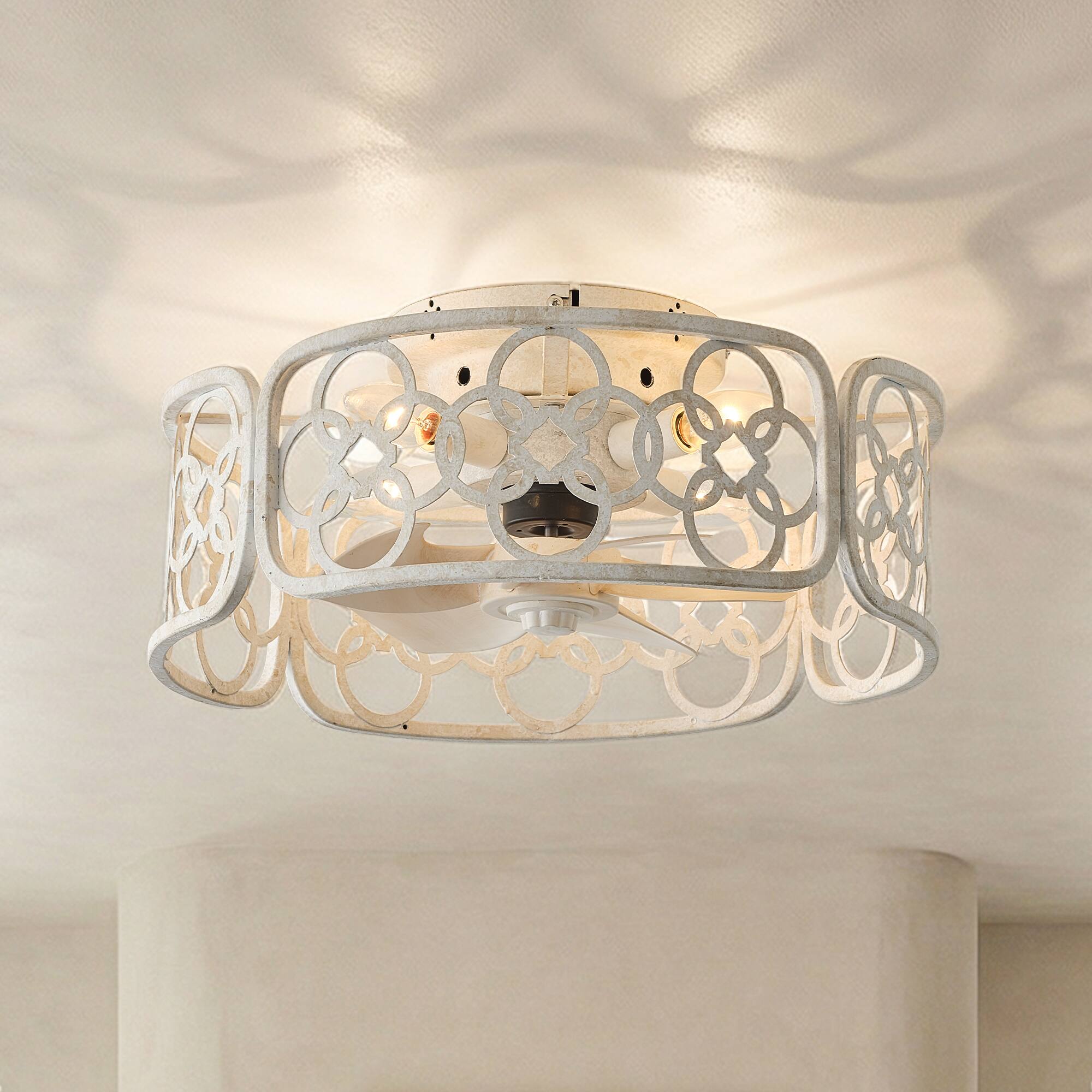 Alt View 1. Vaczon - Ceiling Fan with Remote and Light, Iron Flush Mount, Vintage European Design for Living Room & Bedroom - Distressed White.