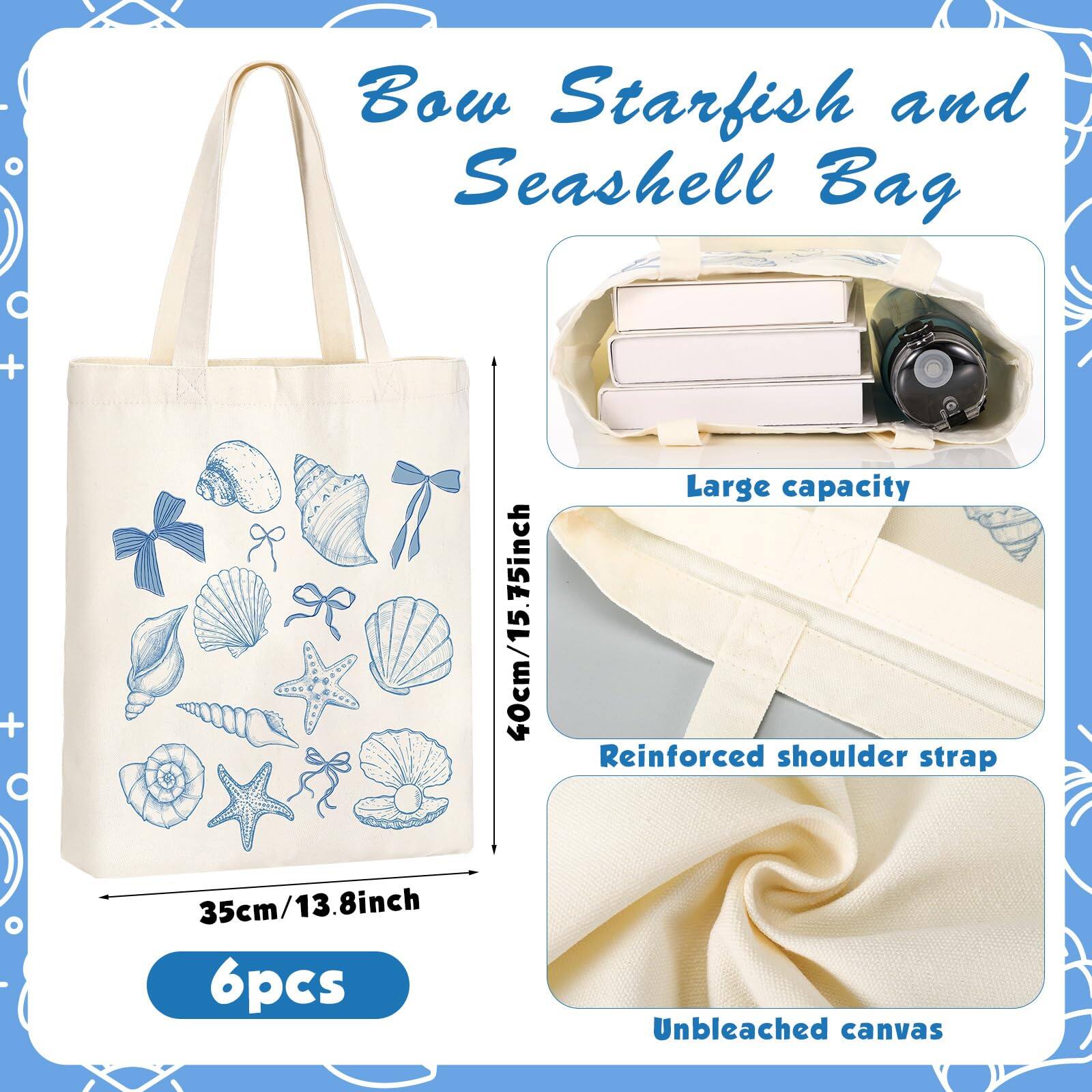 Bow Starfish and Seashell Bag

- 40cm/15.75inch
- 35cm/13.8inch
- 6pcs
- Large capacity
- Reinforced shoulder strap
- Unbleached canvas