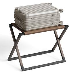 Songmics Home - Luggage Rack, Foldable Suitcase Stand, Metal Luggage Holder, Synthetic Leather, Easy to Assemble, for Guest Room, Hotel - Walnut Brown and Ink Black