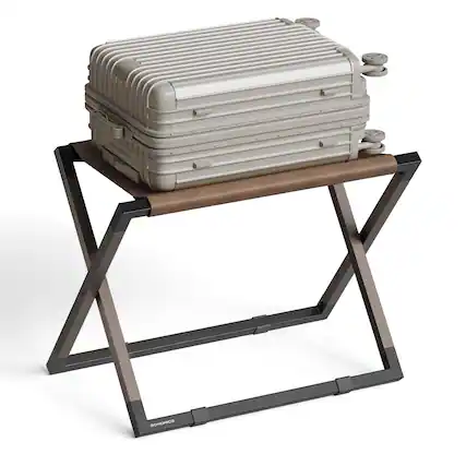 Front. Songmics Home - Luggage Rack, Foldable Suitcase Stand, Metal Luggage Holder, Synthetic Leather, Easy to Assemble, for Guest Room, Hotel - Walnut Brown and Ink Black.