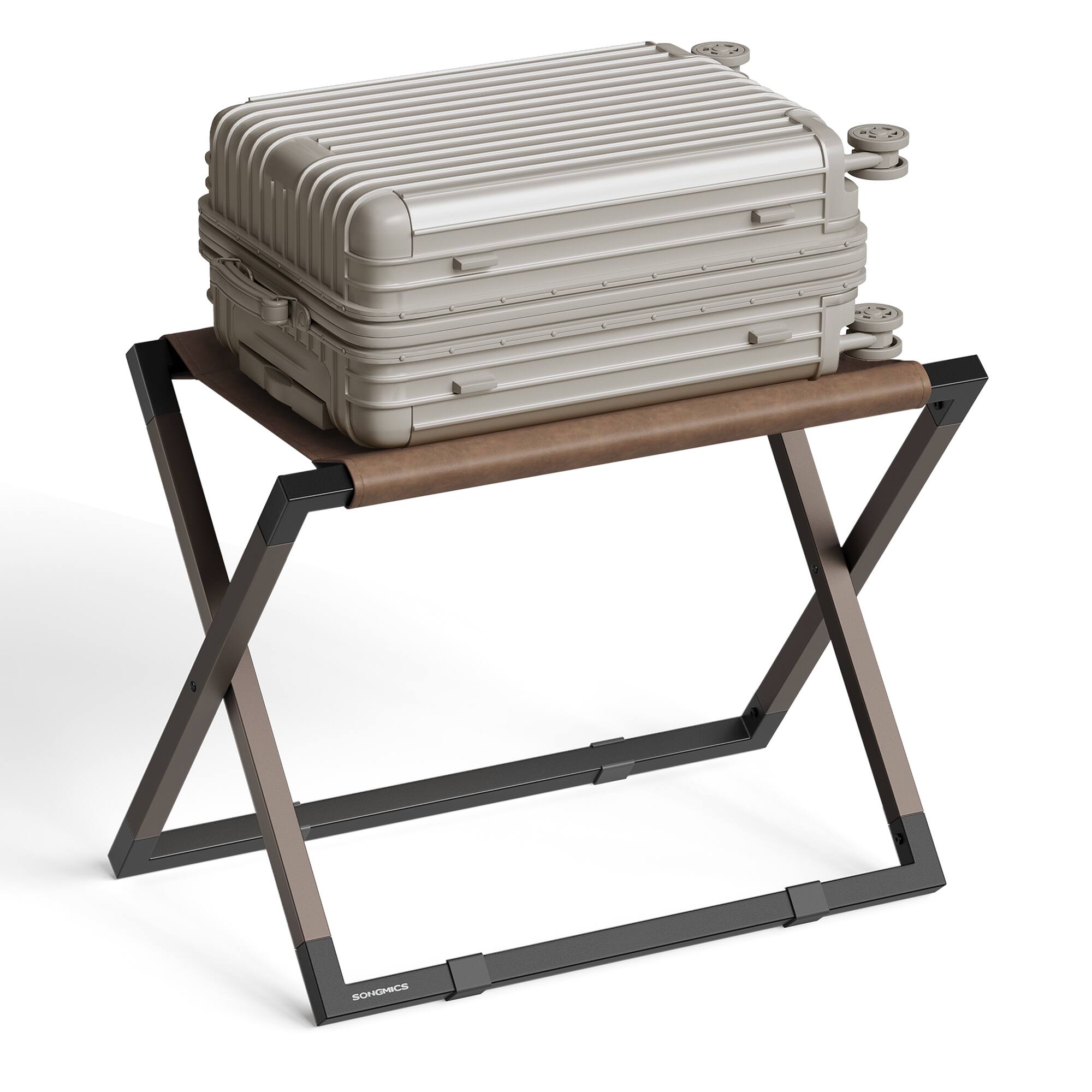 Front. Songmics Home - Luggage Rack, Foldable Suitcase Stand, Metal Luggage Holder, Synthetic Leather, Easy to Assemble, for Guest Room, Hotel - Walnut Brown and Ink Black.