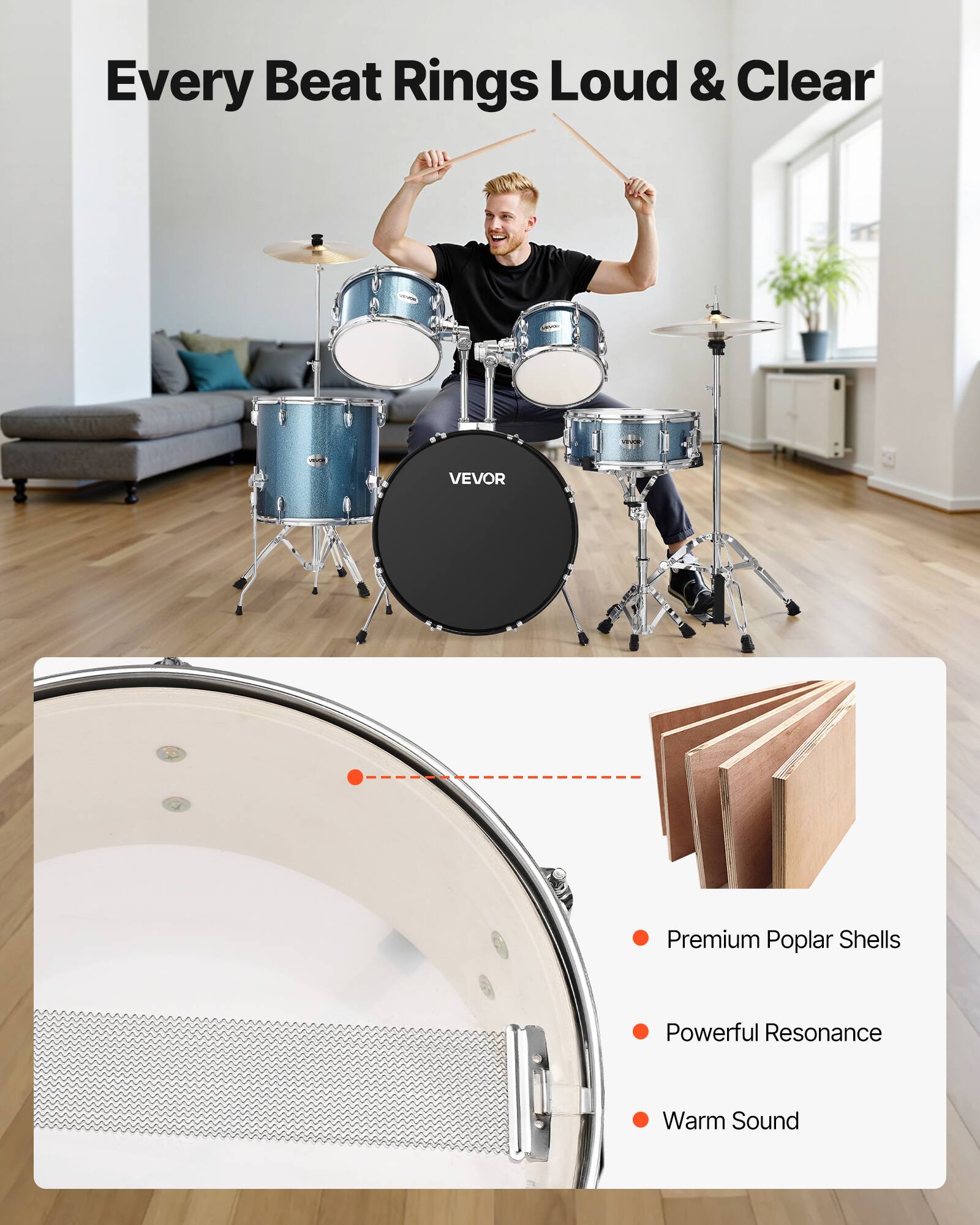 Every Beat Rings Loud & Clear

VEVOR Premium Poplar Shells Powerful Resonance Warm Sound

- Premium Poplar Shells
- Powerful Resonance
- Warm Sound