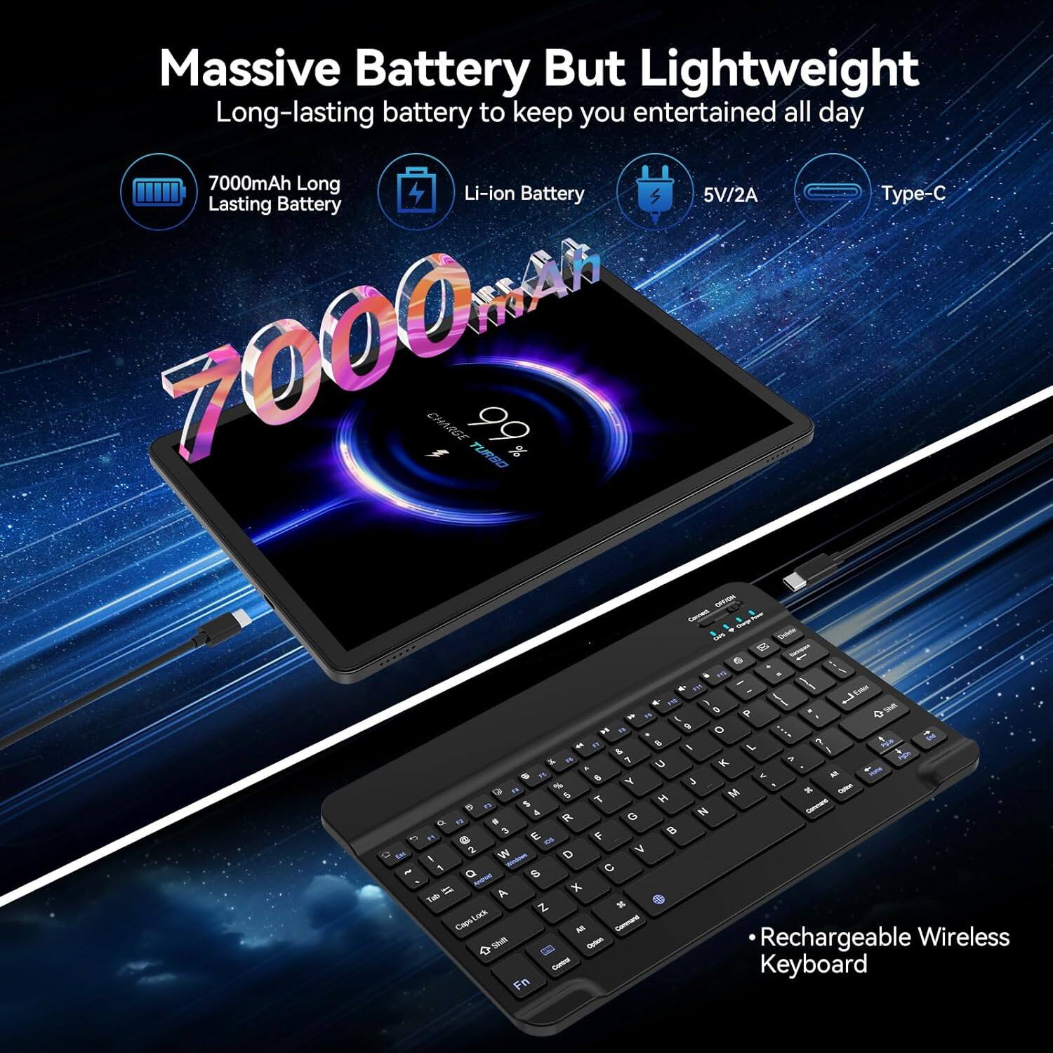 Massive Battery But Lightweight  
Long-lasting battery to keep you entertained all day  
7000mAh Long Lasting Battery  
Li-ion Battery  
5V/2A  
Type-C  
Rechargeable Wireless Keyboard