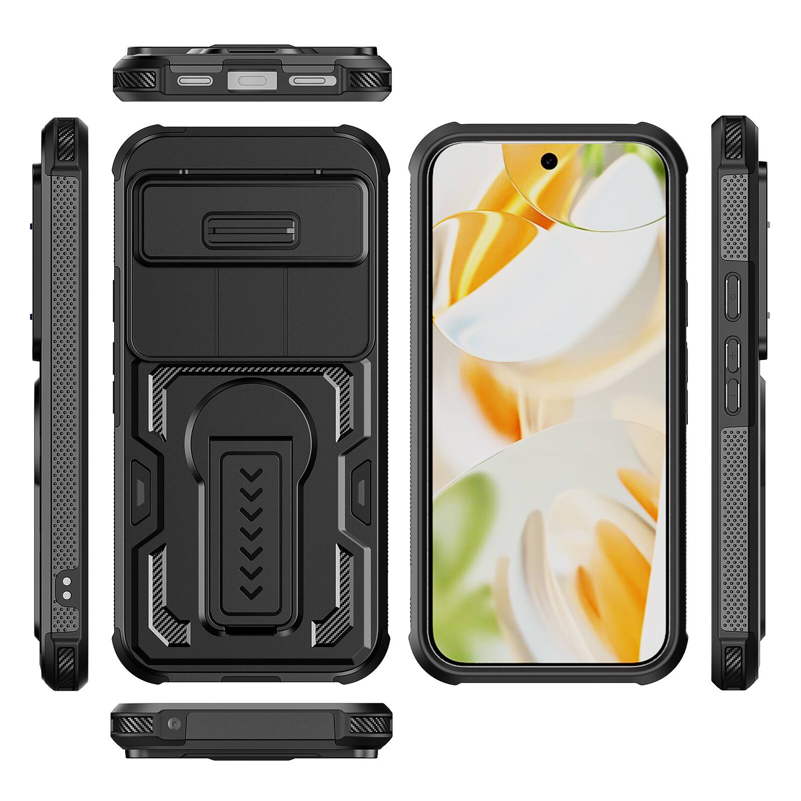 Alt View 4. Dteck - Rugged Stand Case for Google Pixel 10 Pro XL,Shockproof Heavy Duty Cover With Sliding Lens Cover+Tempered Glass Flim - Black.