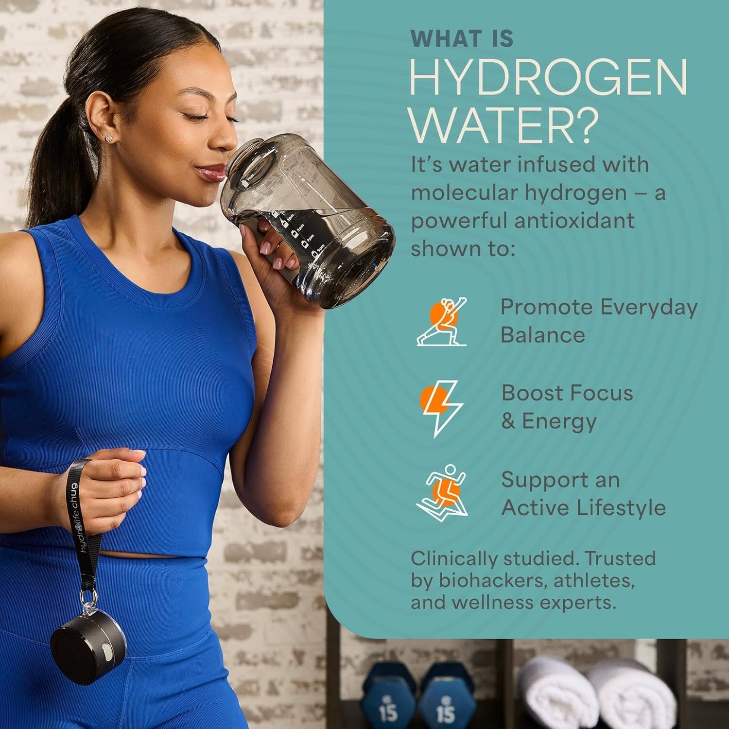 WHAT IS HYDROGEN WATER?

It's water infused with molecular hydrogen - a powerful antioxidant shown to:

- Promote Everyday Balance
- Boost Focus & Energy
- Support an Active Lifestyle

Clinically studied. Trusted by biohackers, athletes, and wellness experts.