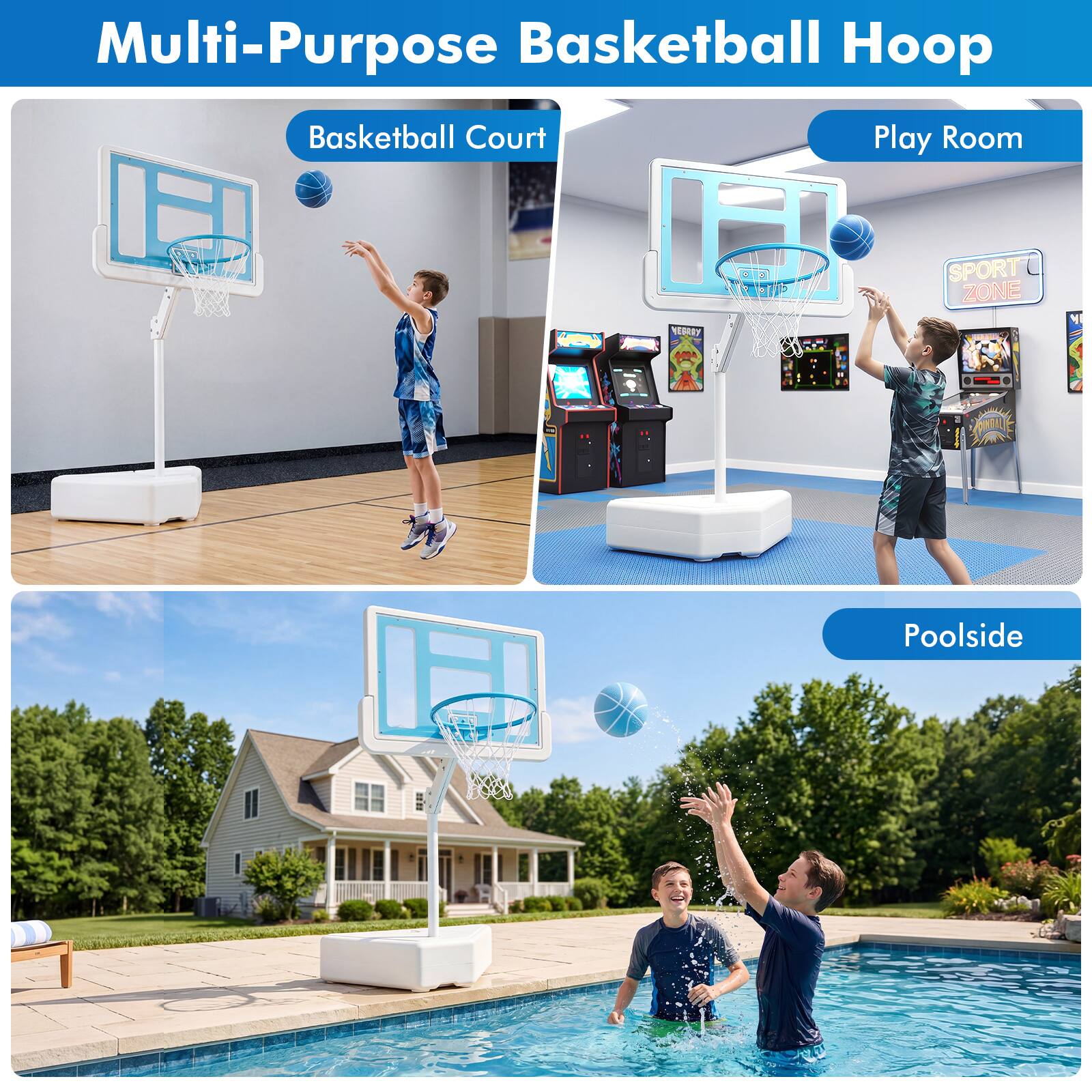 Multi-Purpose Basketball Hoop

Basketball Court

Play Room

Poolside