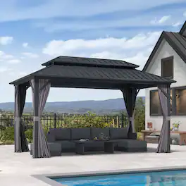PURPLE LEAF - Outdoor Aluminum Hardtop Gazebo with Galvanized Steel Double Roof for Patio Deck with Netting and Curtains - 8' X 14'