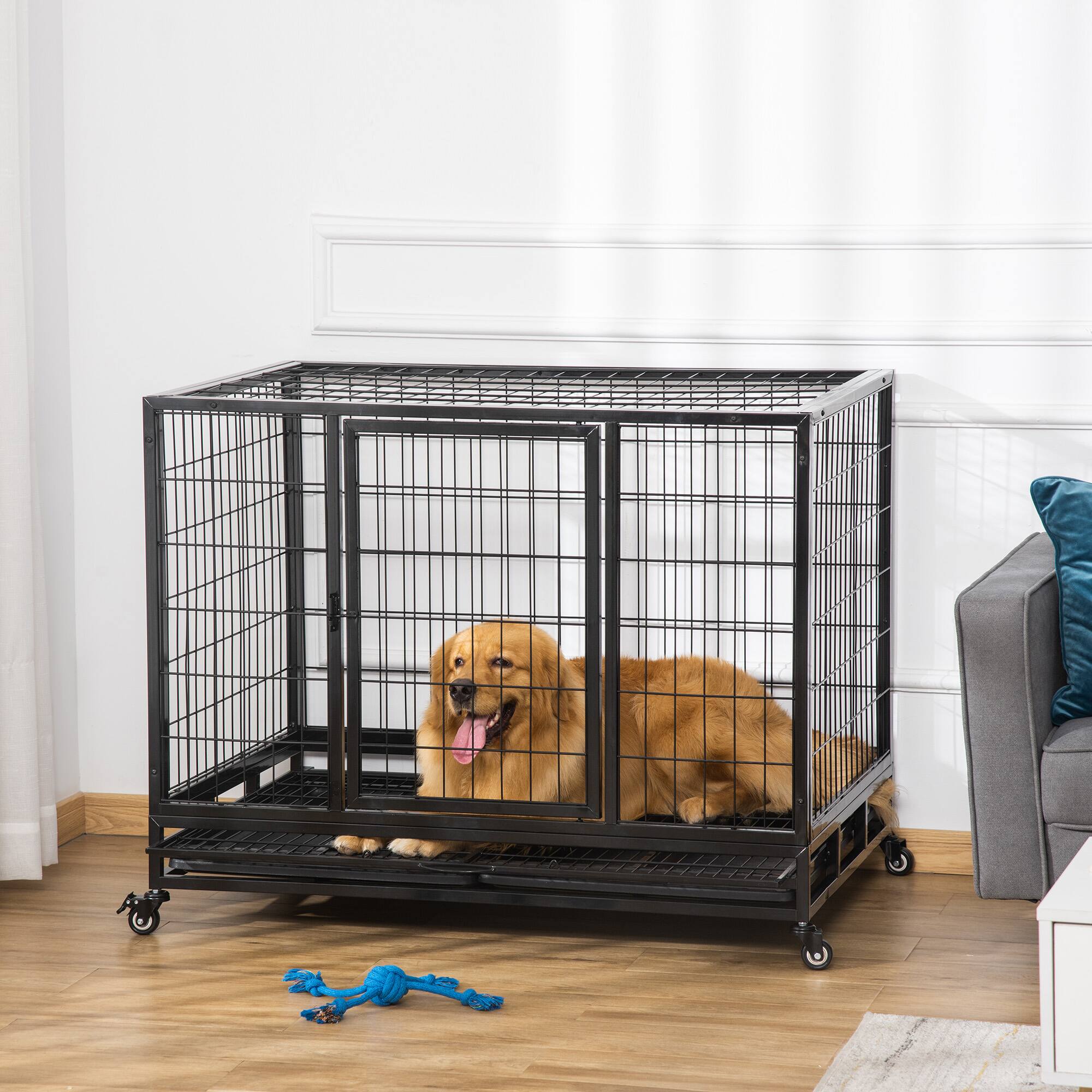 Angle. Pawhut - 43" Heavy Duty Dog Crate, Indestructible for large Dogs, Removable Tray, Lockable Wheels, Double Door.