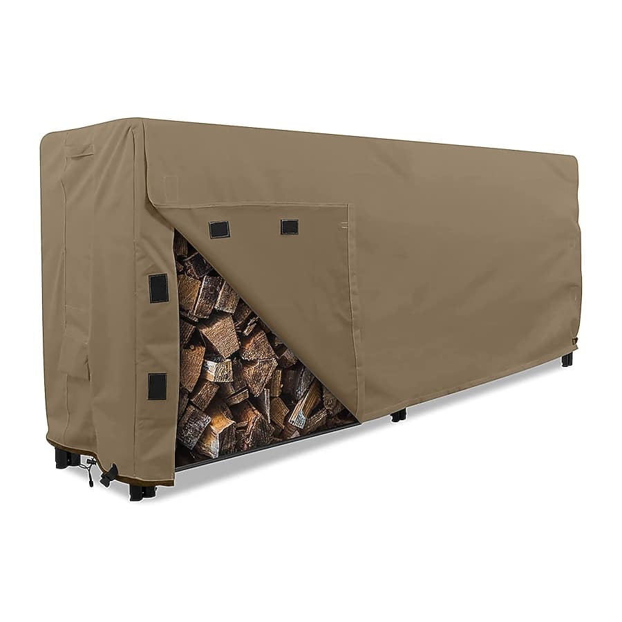 Front. KHOMO GEAR - Heavy-Duty 8ft Firewood Log Rack Cover, Waterproof Outdoor Wood Storage Protector, Fade & Weather Resistant - Brown.