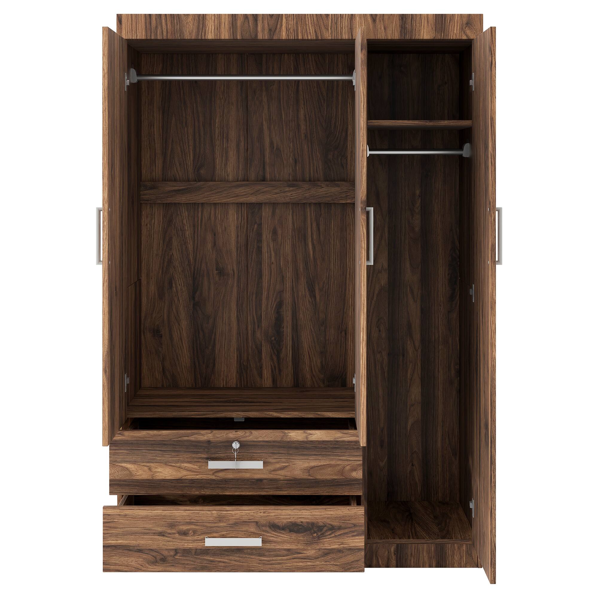 Back. Whisen - 3-Door Wooden Wardrobe with 2 Hanging Rods and Drawers,Large Capacity Storage Closet Armoire - Brown.