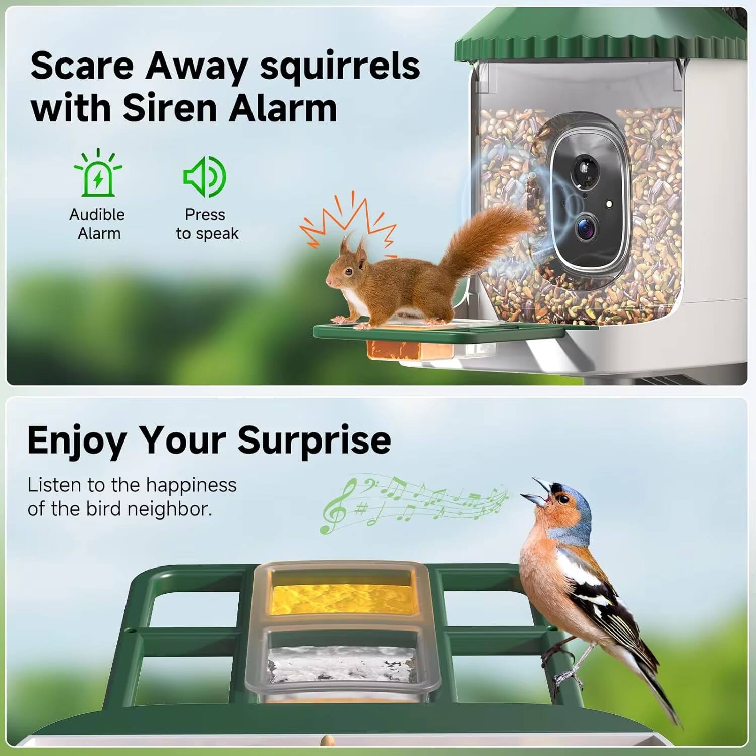 Scare Away squirrels with Siren Alarm  
Audible Alarm  
Press to speak  

Enjoy Your Surprise  
Listen to the happiness of the bird neighbor.