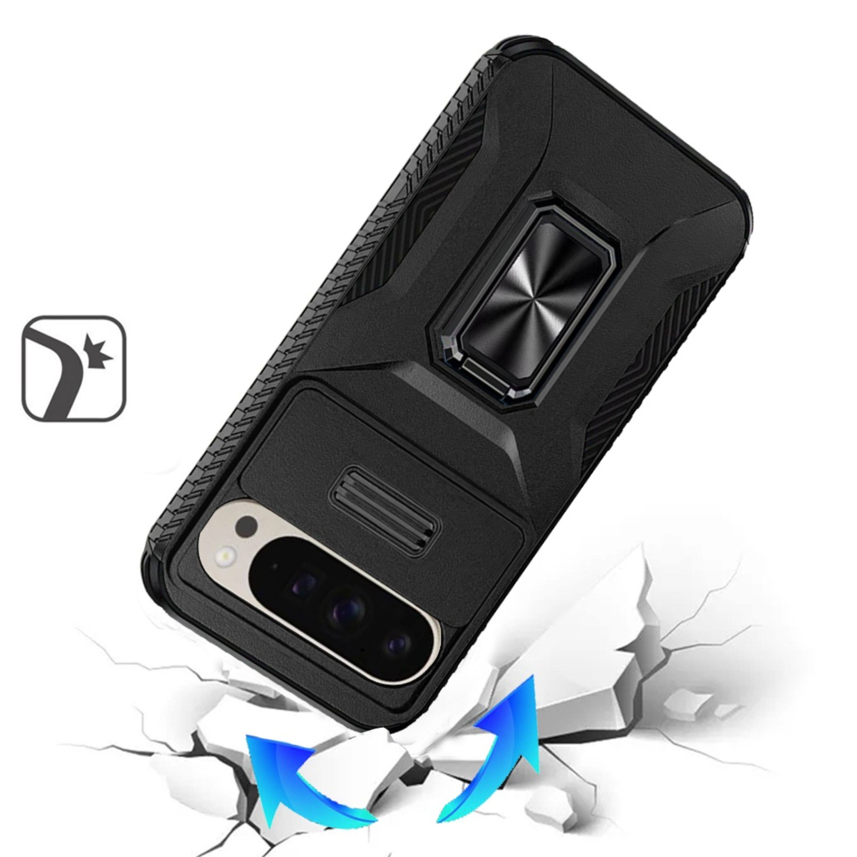 Angle. Kitcheniva - Full Protection Phone Case With Metal Stand Lens Cover & Tempered Glass For Google Pixel 10 Pro XL Black - Black.