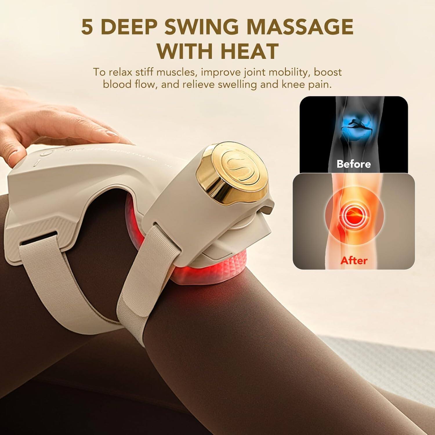 5 DEEP SWING MASSAGE WITH HEAT

To relax stiff muscles, improve joint mobility, boost blood flow, and relieve swelling and knee pain.

Before After