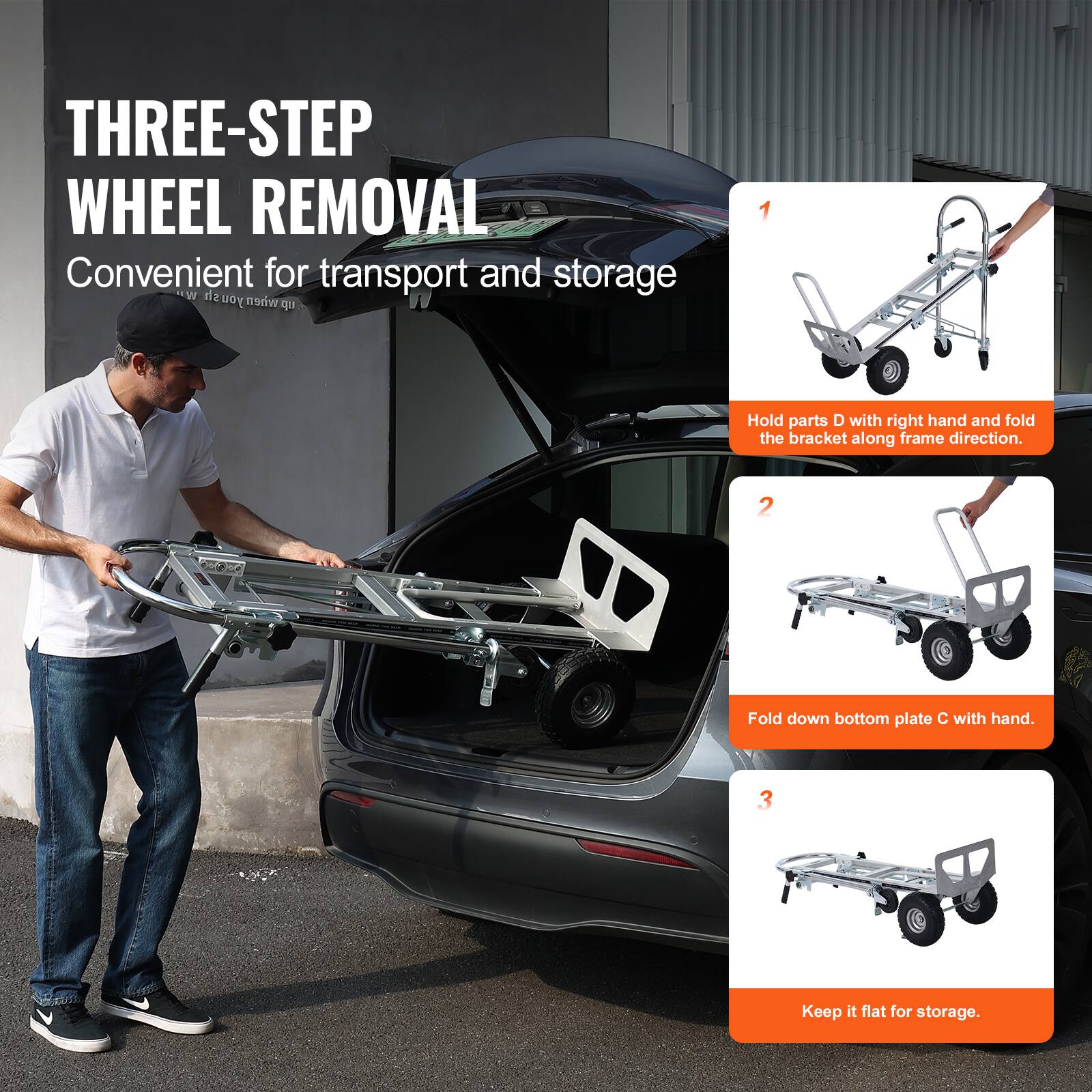 THREE-STEP WHEEL REMOVAL  
Convenient for transport and storage  

1. Hold parts D with right hand and fold the bracket along frame direction.  
2. Fold down bottom plate C with hand.  
3. Keep it flat for storage.