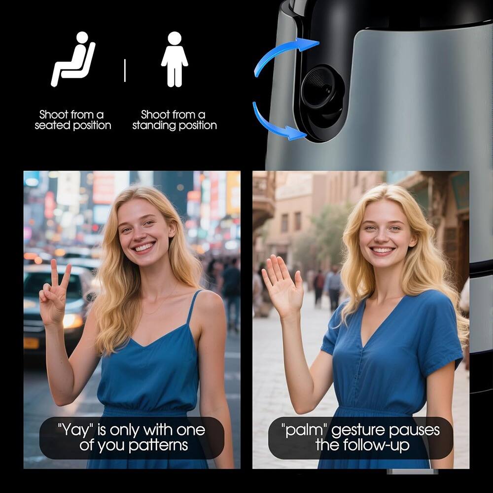 Shoot from a seated position  
Shoot from a standing position  

"Yay" is only with one of you patterns  

"palm" gesture pauses the follow-up