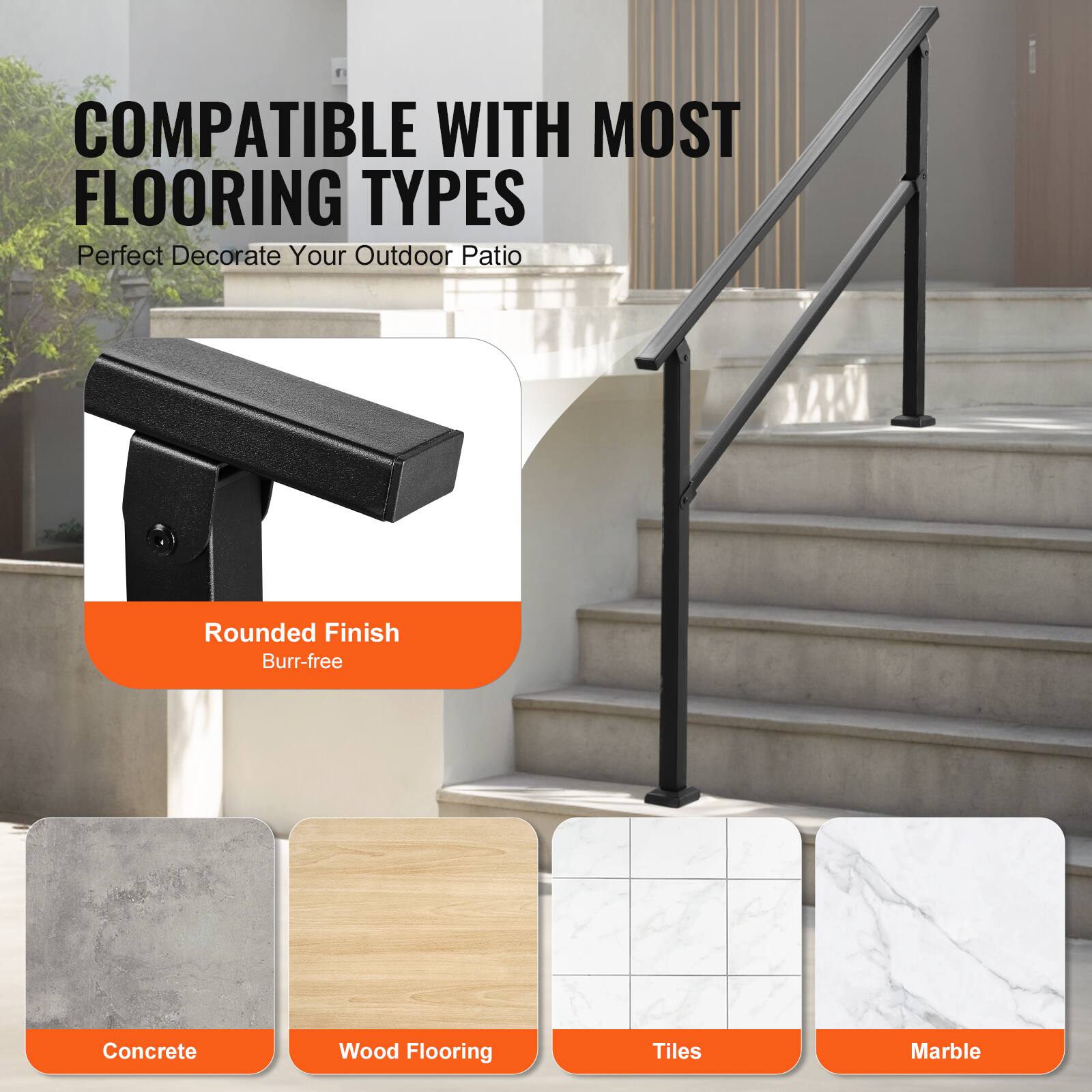 COMPATIBLE WITH MOST FLOORING TYPES
Perfect Decorate Your Outdoor Patio
Rounded Finish Burr-free
Concrete
Wood Flooring
Tiles
Marble
