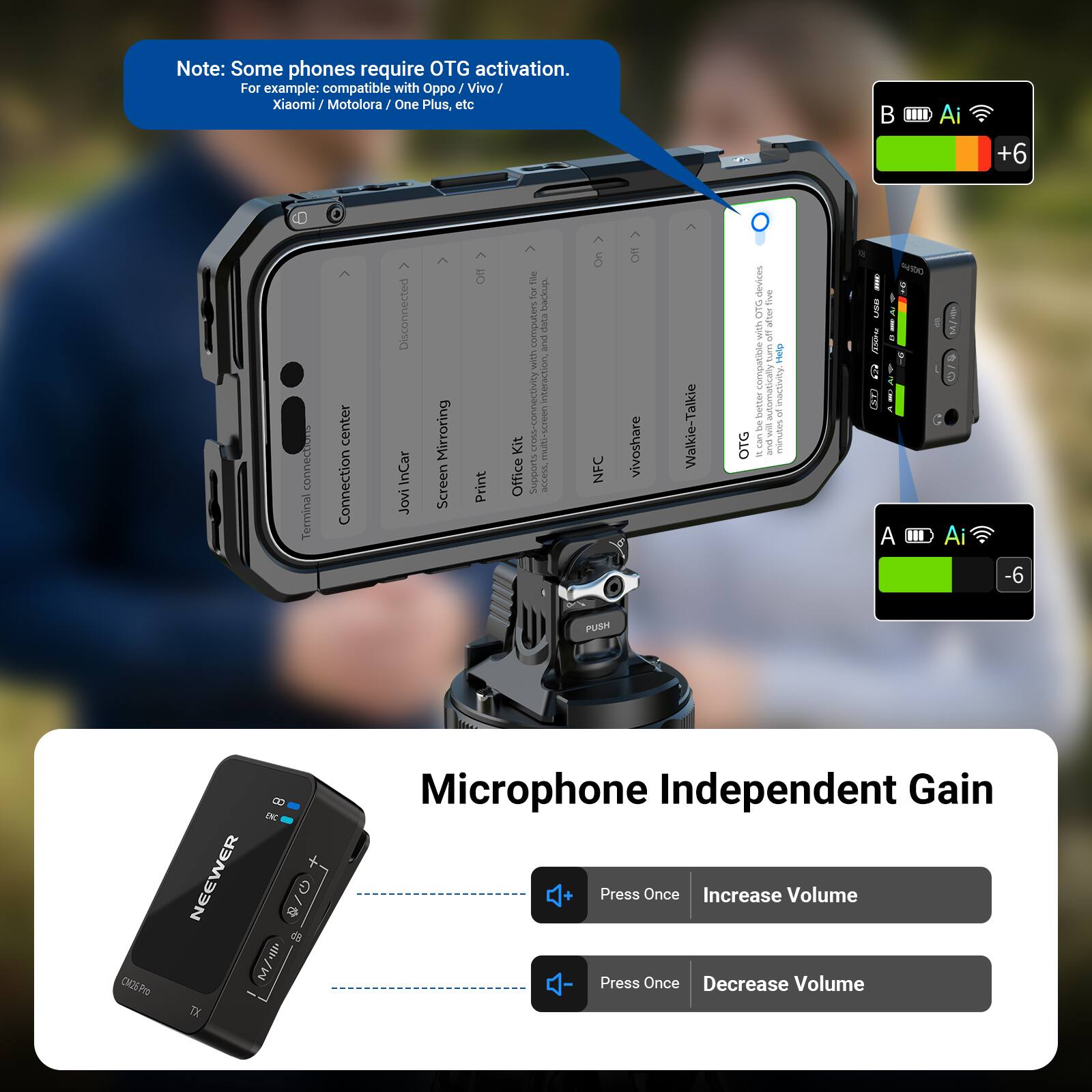 Note: Some phones require OTG activation. For example: compatible with Oppo / Vivo / Xiaomi / Motorola / OnePlus, etc.

Terminal center
Connection Disconnected
InCar
Jovi Mirroring
Screen Print
Office Kit
NFC
vivoshare
Walkie-Talkie
OTG

Microphone Independent Gain
Press Once Increase Volume
Press Once Decrease Volume