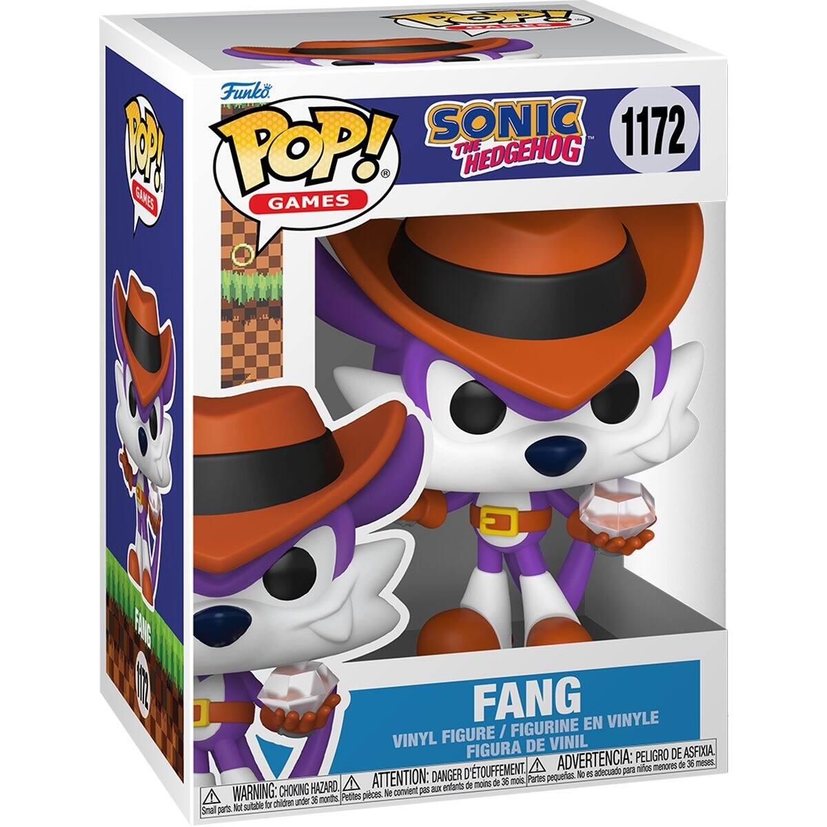 Funko POP! GAMES  
SONIC THE HEDGEHOG  
1172  
FANG  
VINYL FIGURE / FIGURINE EN VINYLE / FIGURA DE VINIL  
WARNING: CHOKING HAZARD - Small parts. Not suitable for children under 3 years.  
ATTENTION: PELIGRO DE ASFIXIA. Piezas pequeñas. No adecuado para niños menores de 36 meses.  
ADVERTENCIA: PEQUETAS. No es adecuado para niños menores de 36 meses.
