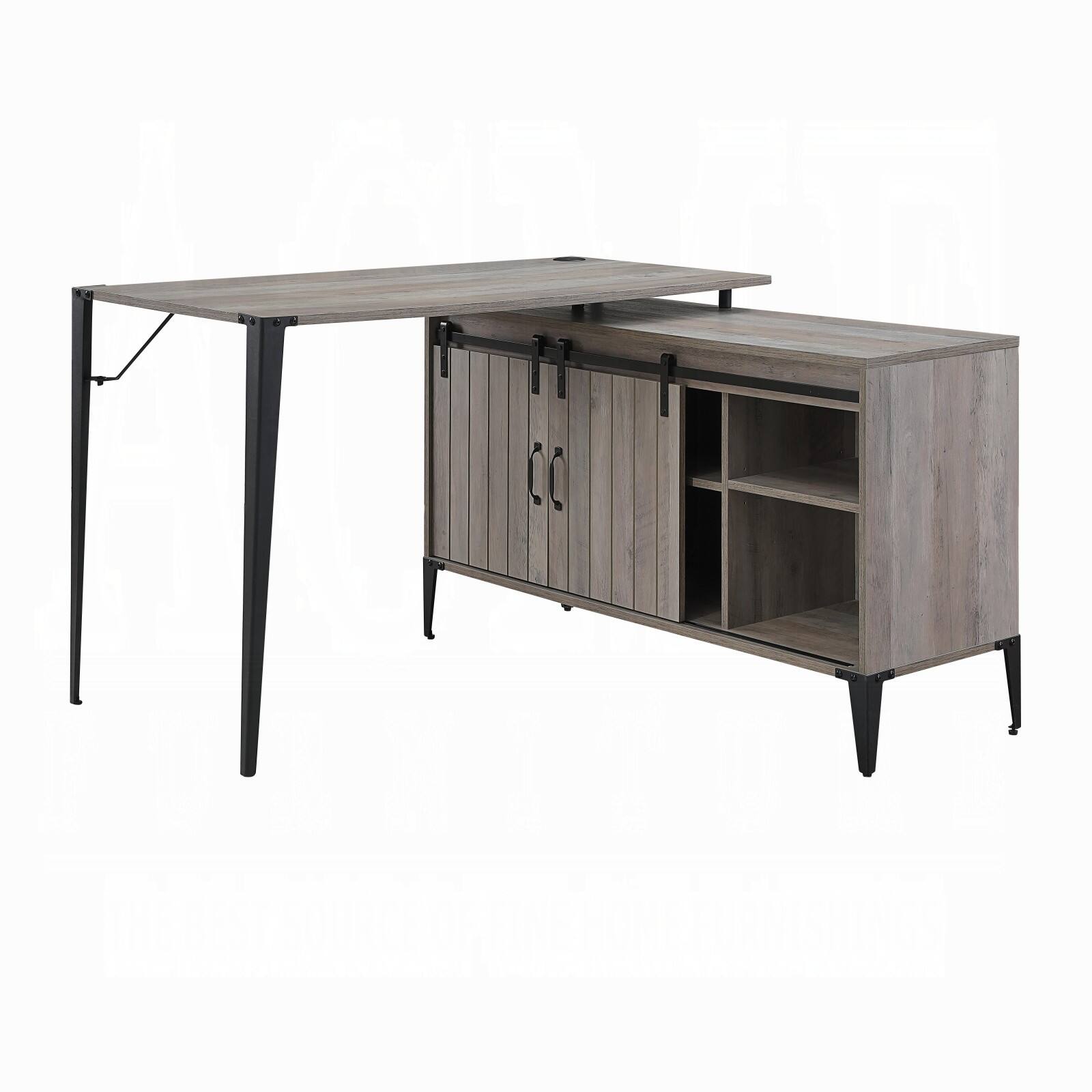 Alt View 5. Glintex - 48" Rustic L-Shaped Writing Desk, Sliding Barn Door Storage, Built-In Cord Management, Sturdy Black Metal Legs - Grey+Black.