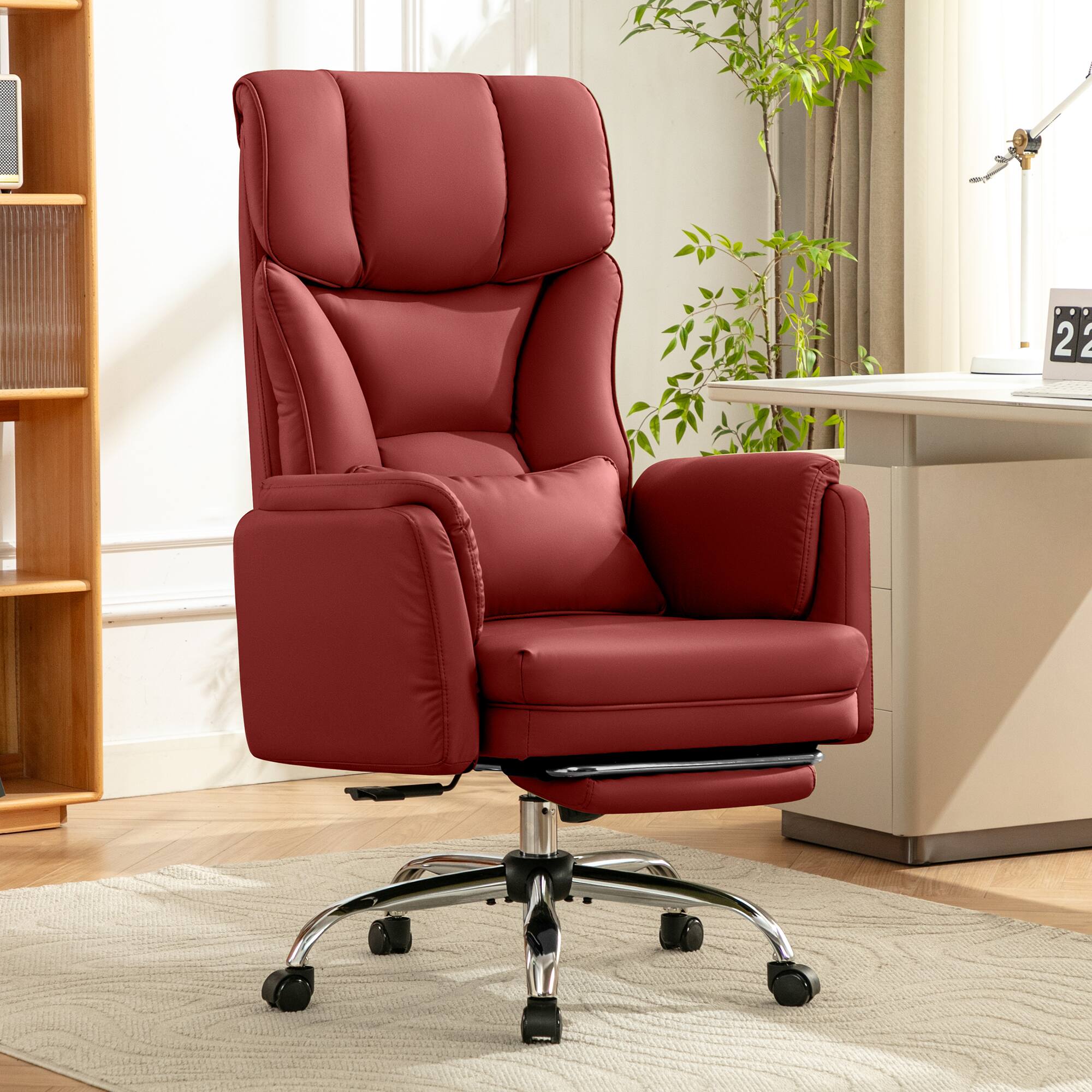 Angle. KERDOM - Ergonomic Big Office Leather Chair with Expandable Arms, Reclining Cross Legged Chair with Footrest Wide Seat for Gaming - Red.