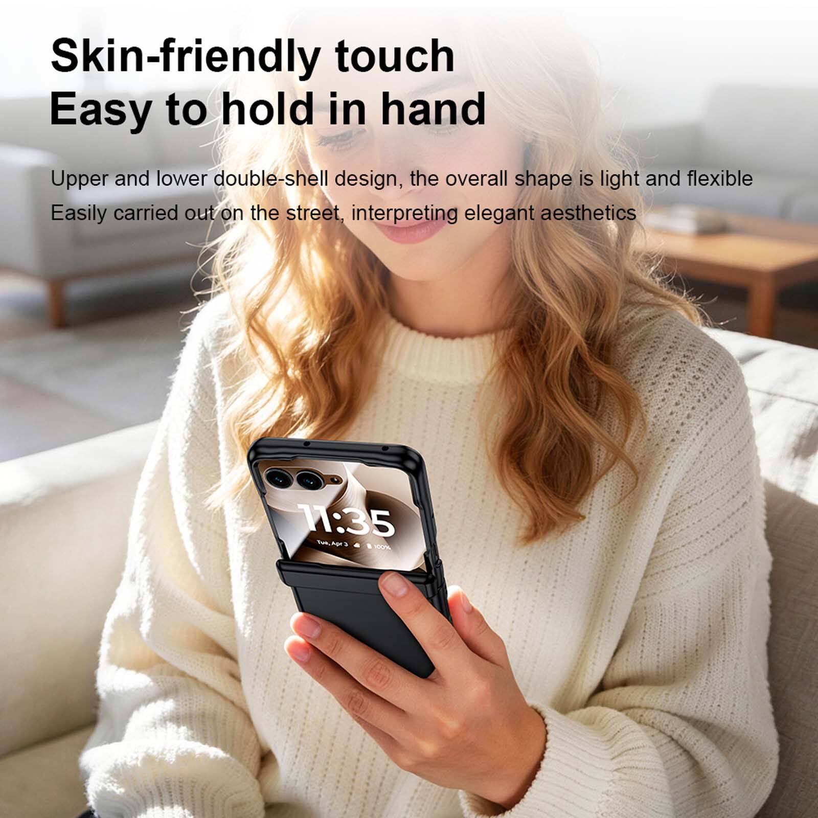 Skin-friendly touch  
Easy to hold in hand  

Upper and lower double-shell design, the overall shape is light and flexible  
Easily carried out on the street, interpreting elegant aesthetics  

11:35  
Tue, Apr 3  
100%