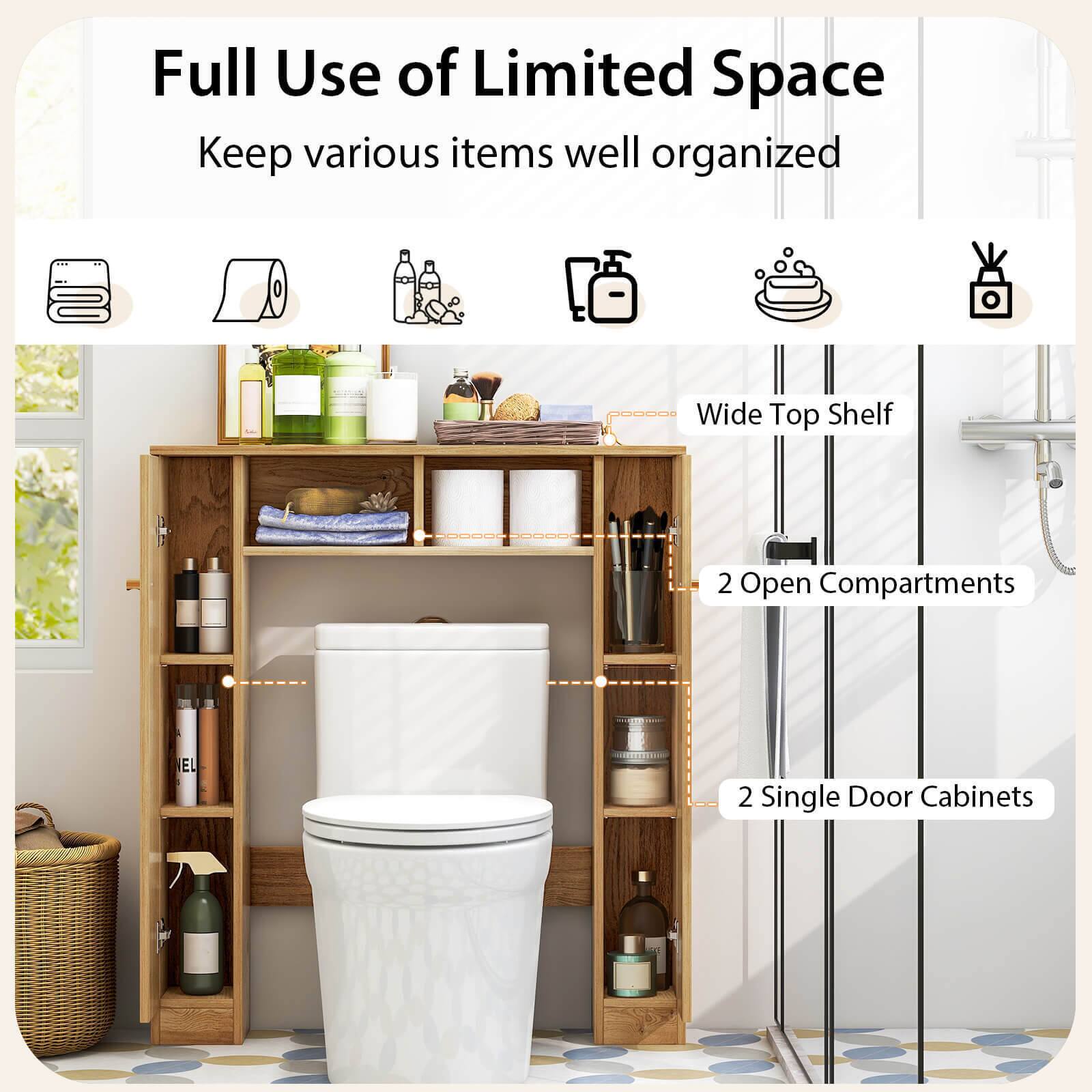 Full Use of Limited Space  
Keep various items well organized  

- Wide Top Shelf  
- 2 Open Compartments  
- 2 Single Door Cabinets