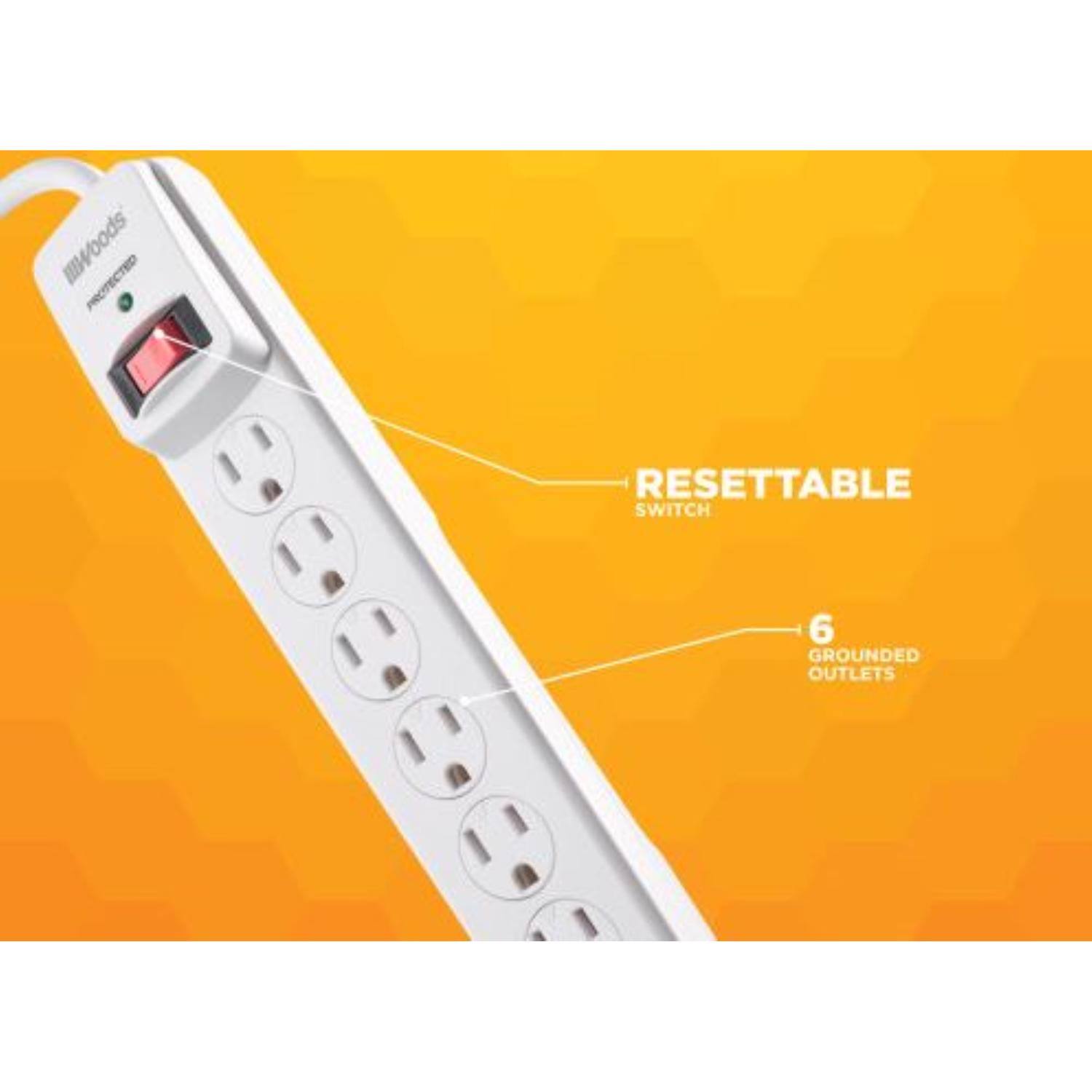 Sure, here is the corrected and grouped text from the image:

- **iWoods**
- **PROTECTED**
- **RESETTABLE SWITCH**
- **6 GROUNDED OUTLETS**