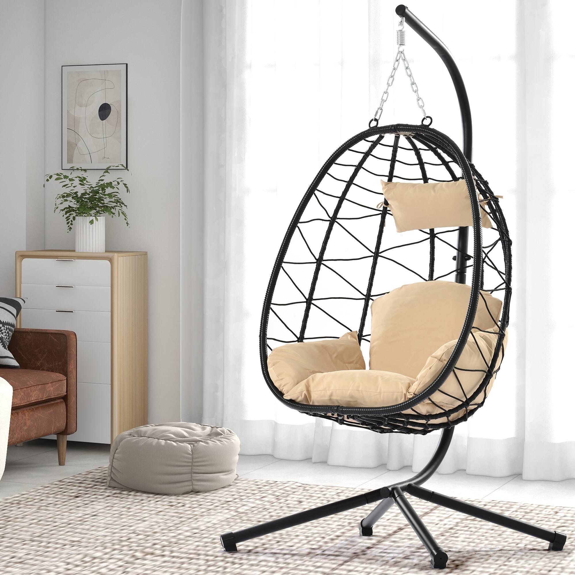 Angle. Tiramisubest - Egg Chair with Stand Indoor Outdoor Swing Chair Patio Wicker Hanging Egg Chair for Bedroom,Living Room,Balcony - Beige.