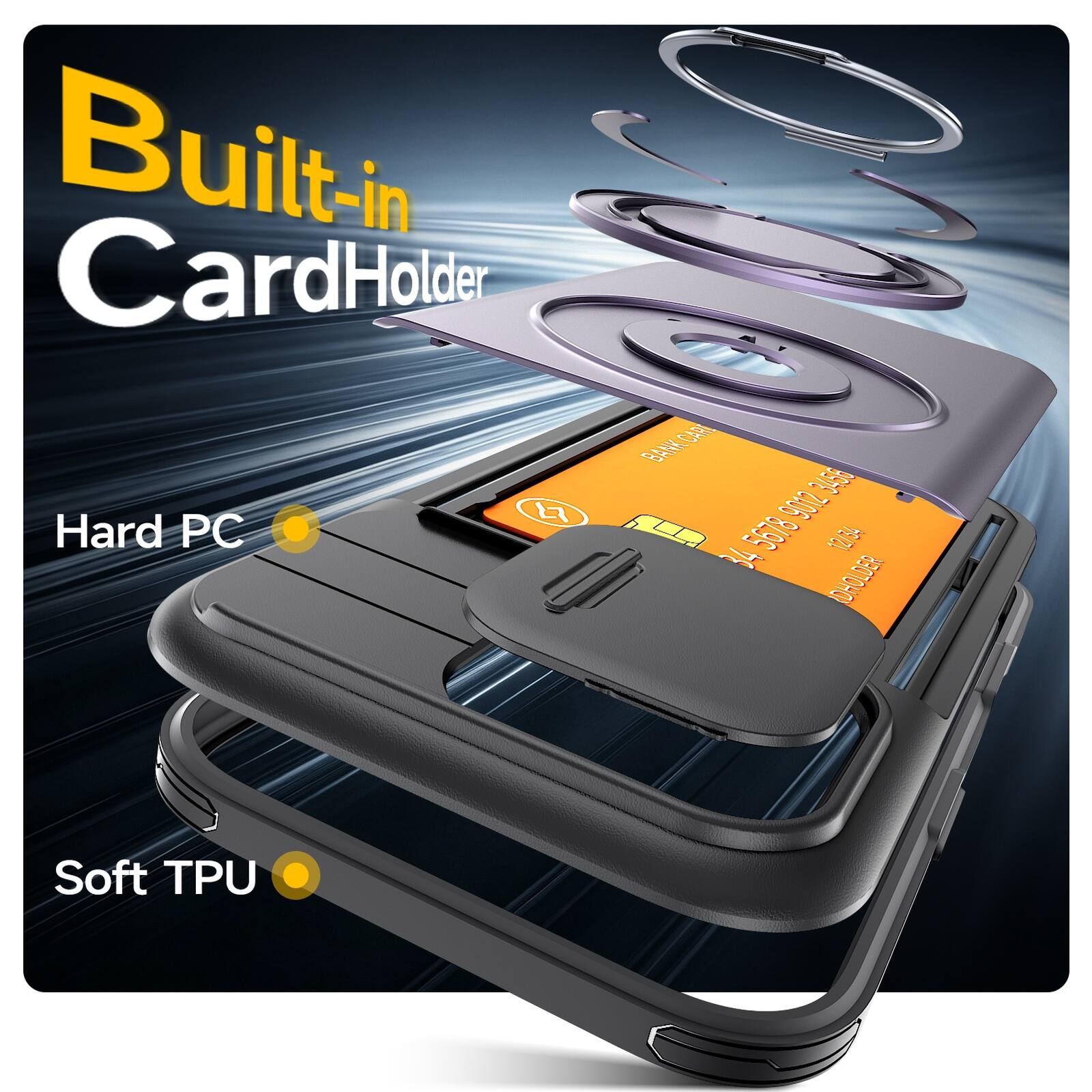 Built-in CardHolder

BANK CARD
5018 0000 3458 12/54

Hard PC

Soft TPU
