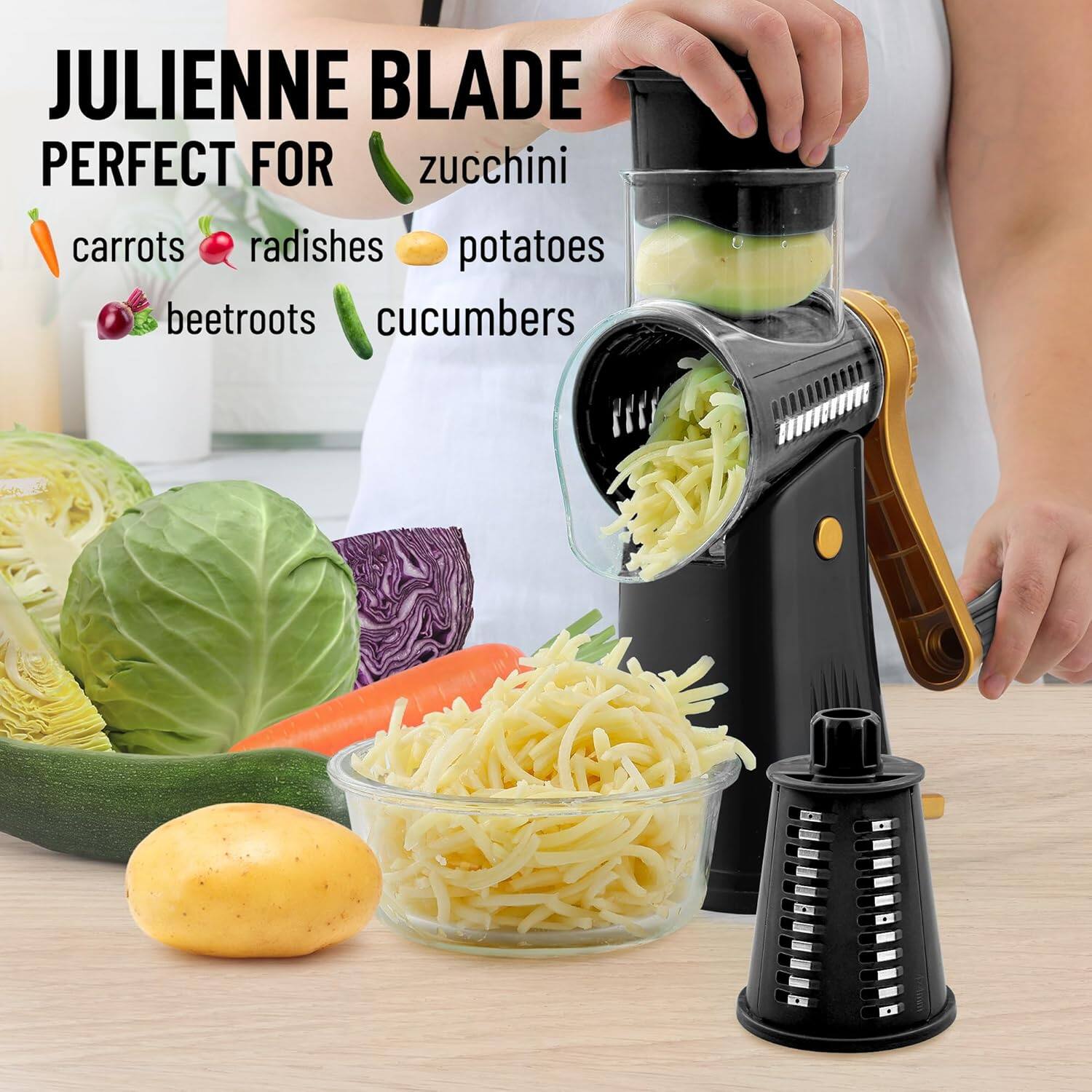 JULIENNE BLADE  
PERFECT FOR  
- zucchini  
- carrots  
- radishes  
- potatoes  
- beetroots  
- cucumbers