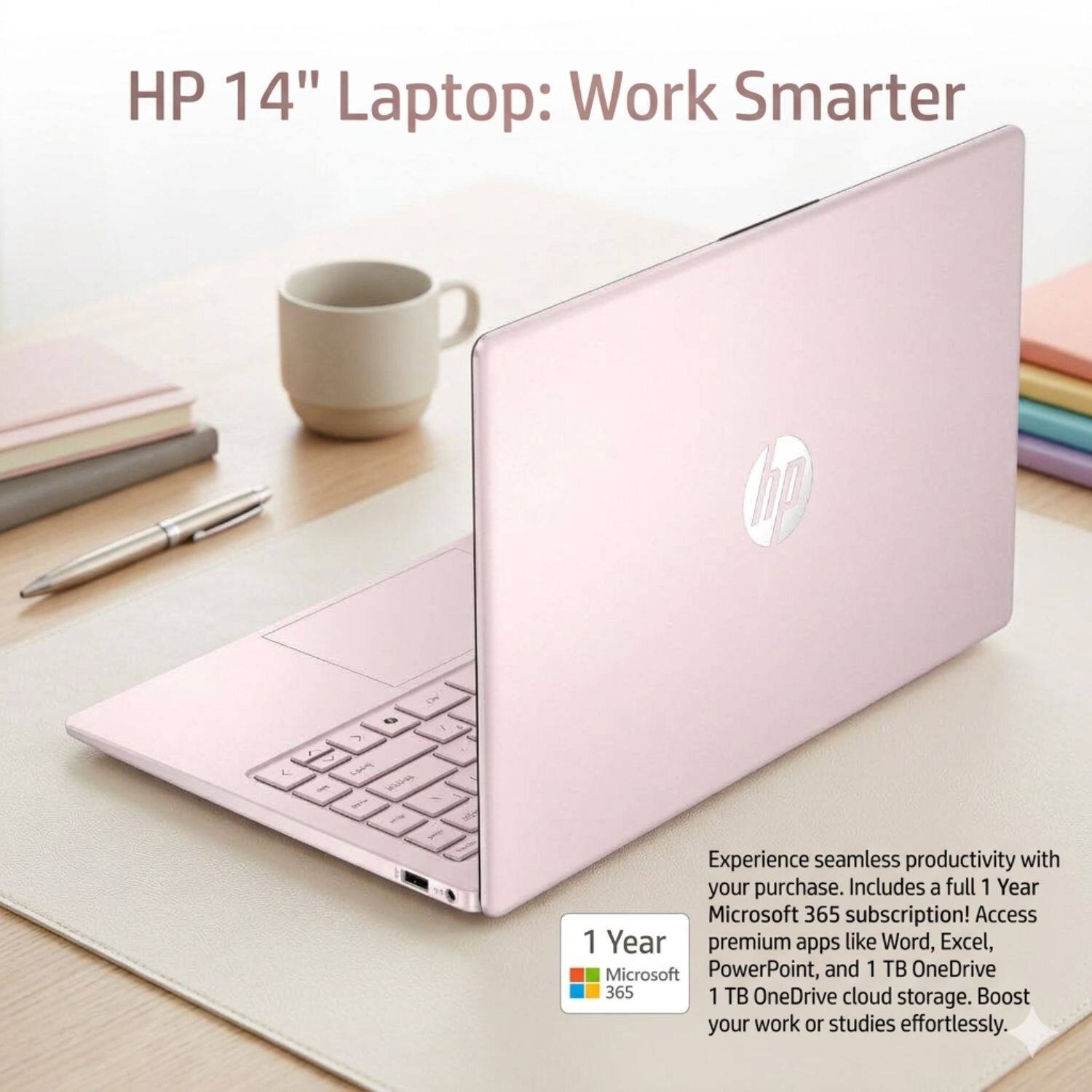 HP 14" Laptop: Work Smarter

Experience seamless productivity with your purchase. Includes a full 1 Year Microsoft 365 subscription! Access 1 Year premium apps like Word, Excel, Microsoft PowerPoint, and 1 TB OneDrive cloud storage. Boost your work or studies effortlessly.