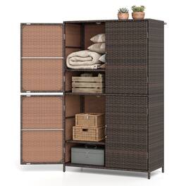 WELLFOR - 4-Door Rattan Vertical Storage Shed with Adjustable Shelves - Brown