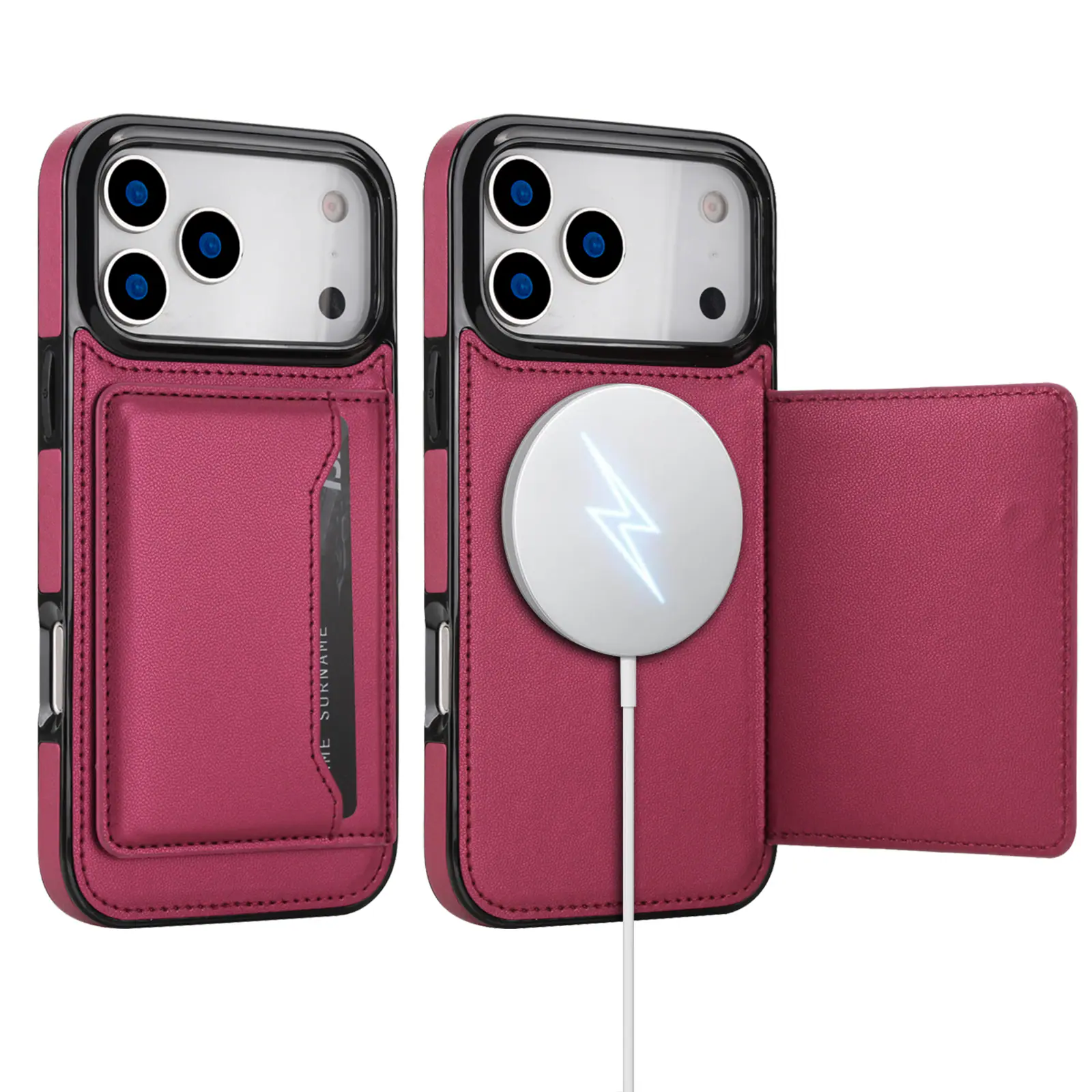 Angle. Dteck - PU Leather Wallet Case for Apple iPhone 18 Pro Max with Integrated Flip Stand, Shockproof Cover for Car Magnetic Mounts - Red.