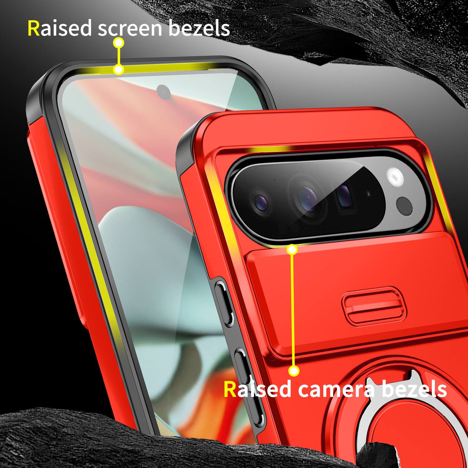 Raised screen bezels  
Raised camera bezels