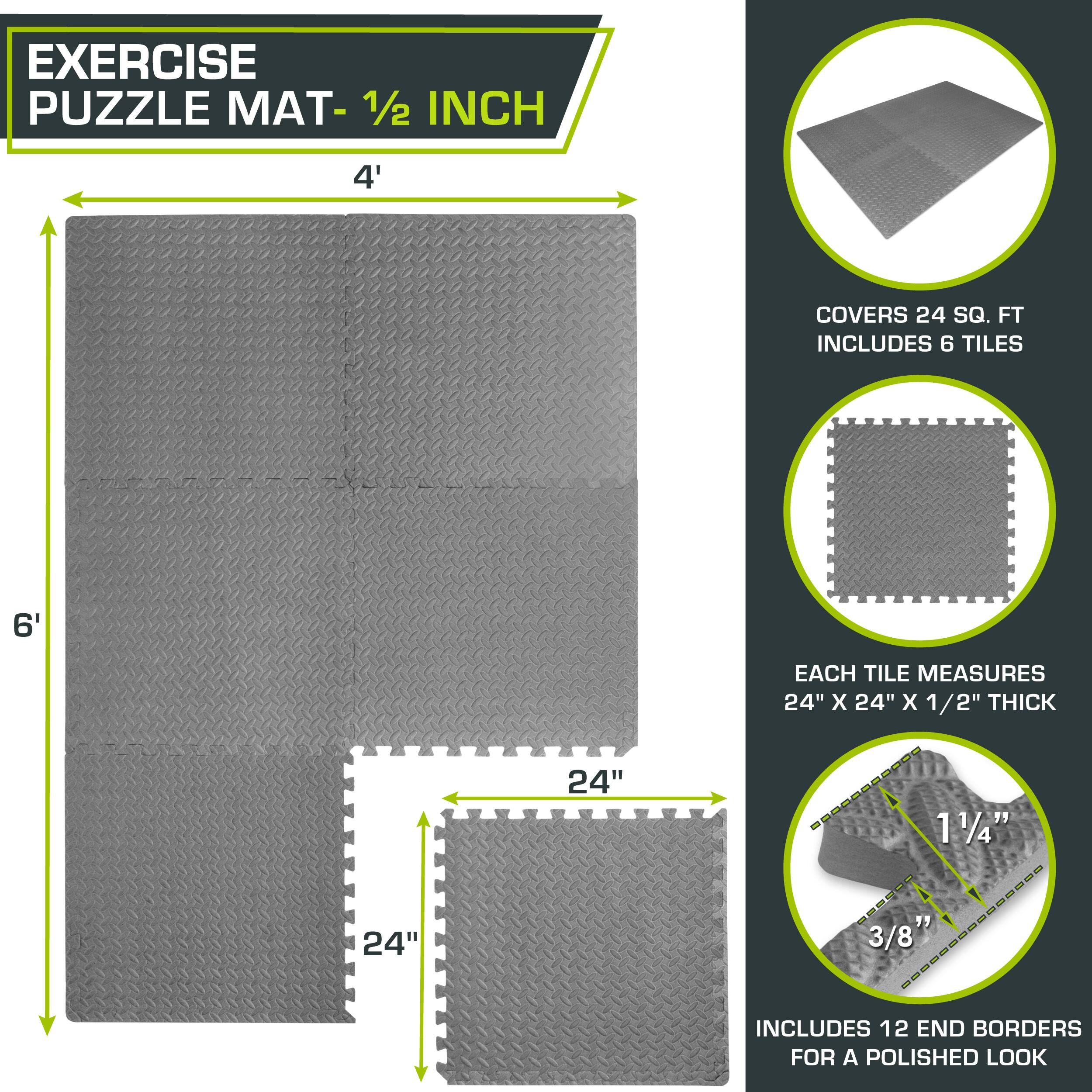 The corrected text is:

"Exercise Puzzle Mat - 1/2 Inch
4' x 6' Covers 24 Sq. Ft.
Includes 6 Tiles, Each Tile Measures 24" x 24" x 1/2" Thick
Includes 12 End Borders for a Polished Look"