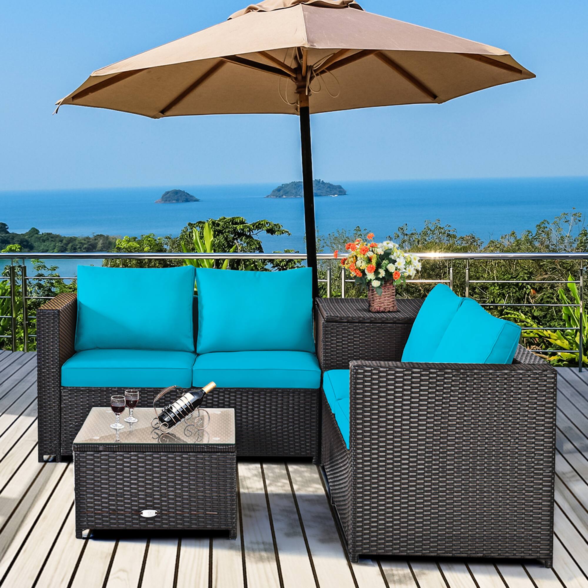 Alt View 2. Gymax - Gymax 4PCS Cushioned Rattan Patio Conversation Set w/ Side Table Turquoise Cushion - Brown.
