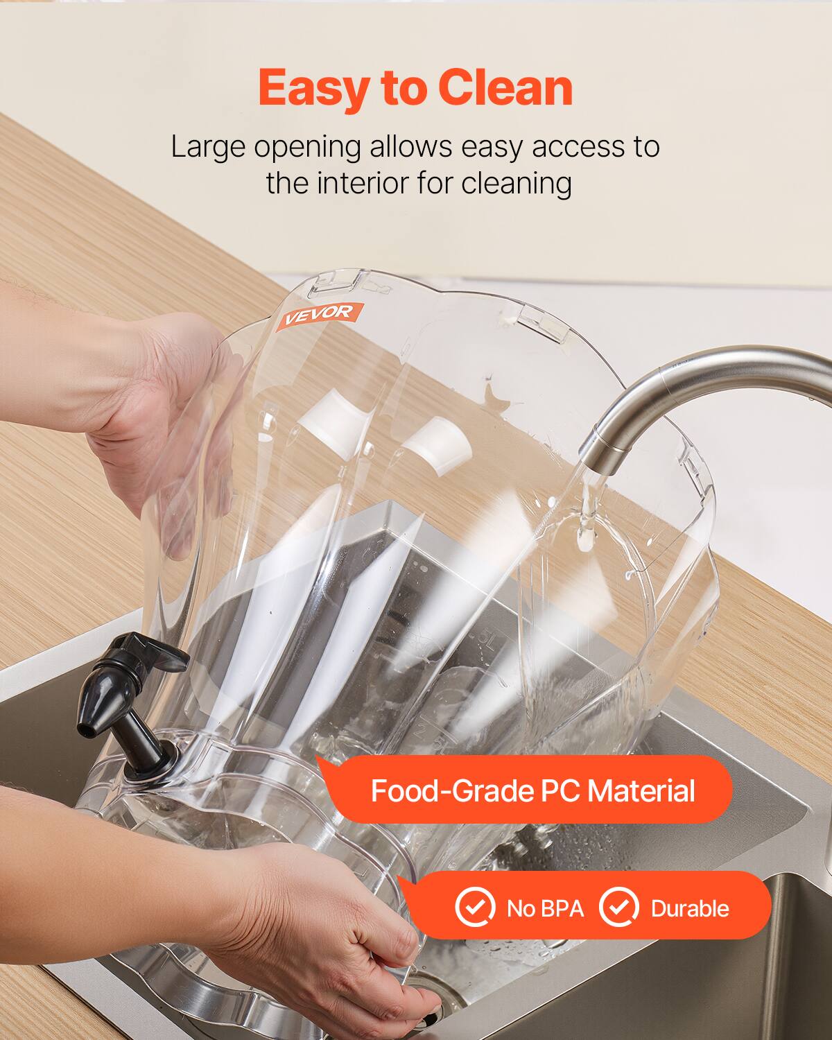 Easy to Clean  
Large opening allows easy access to the interior for cleaning  

Food-Grade PC Material  
No BPA  
Durable