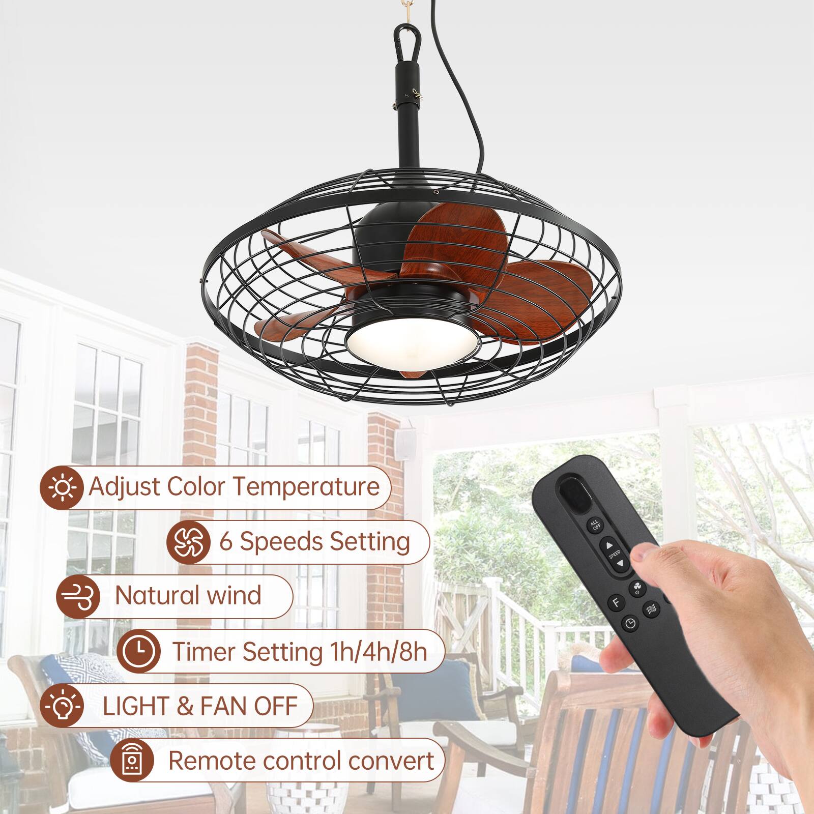 - Adjust Color Temperature
- 6 Speeds Setting
- Natural wind
- Timer Setting 1h/4h/8h
- LIGHT & FAN OFF
- Remote control convert
