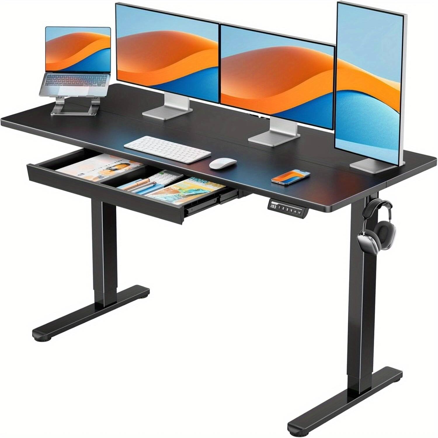 Front. Ergear - 48×24 Inch Electric Standing Desk with Drawer, 4 Preset Heights, Gaming Desk with Monitor Stand & C-Clamp Compatibility - Black.