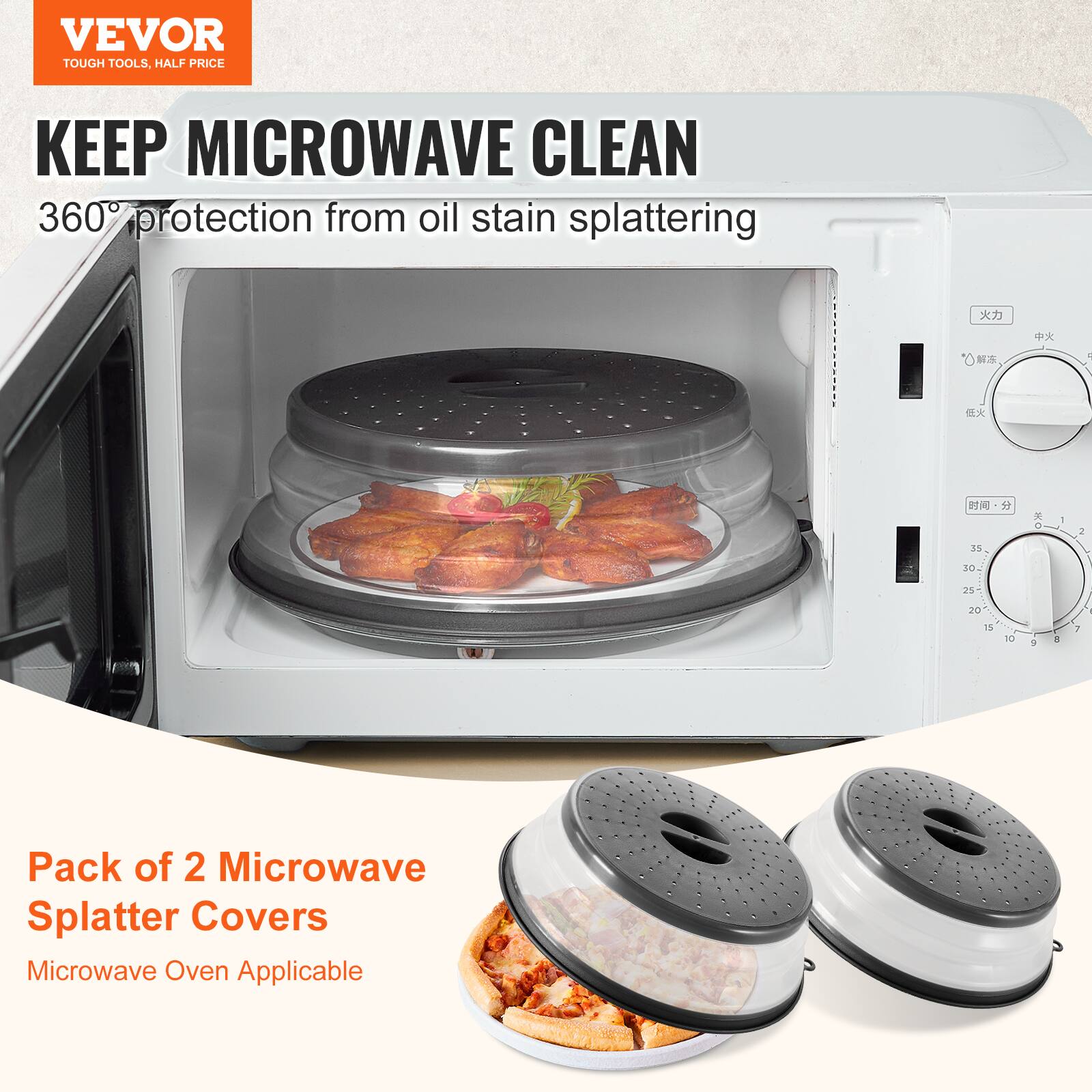 VEVOR TOUGH TOOLS, HALF PRICE

KEEP MICROWAVE CLEAN

360° protection from oil stain splattering

Pack of 2 Microwave Splatter Covers

Microwave Oven Applicable