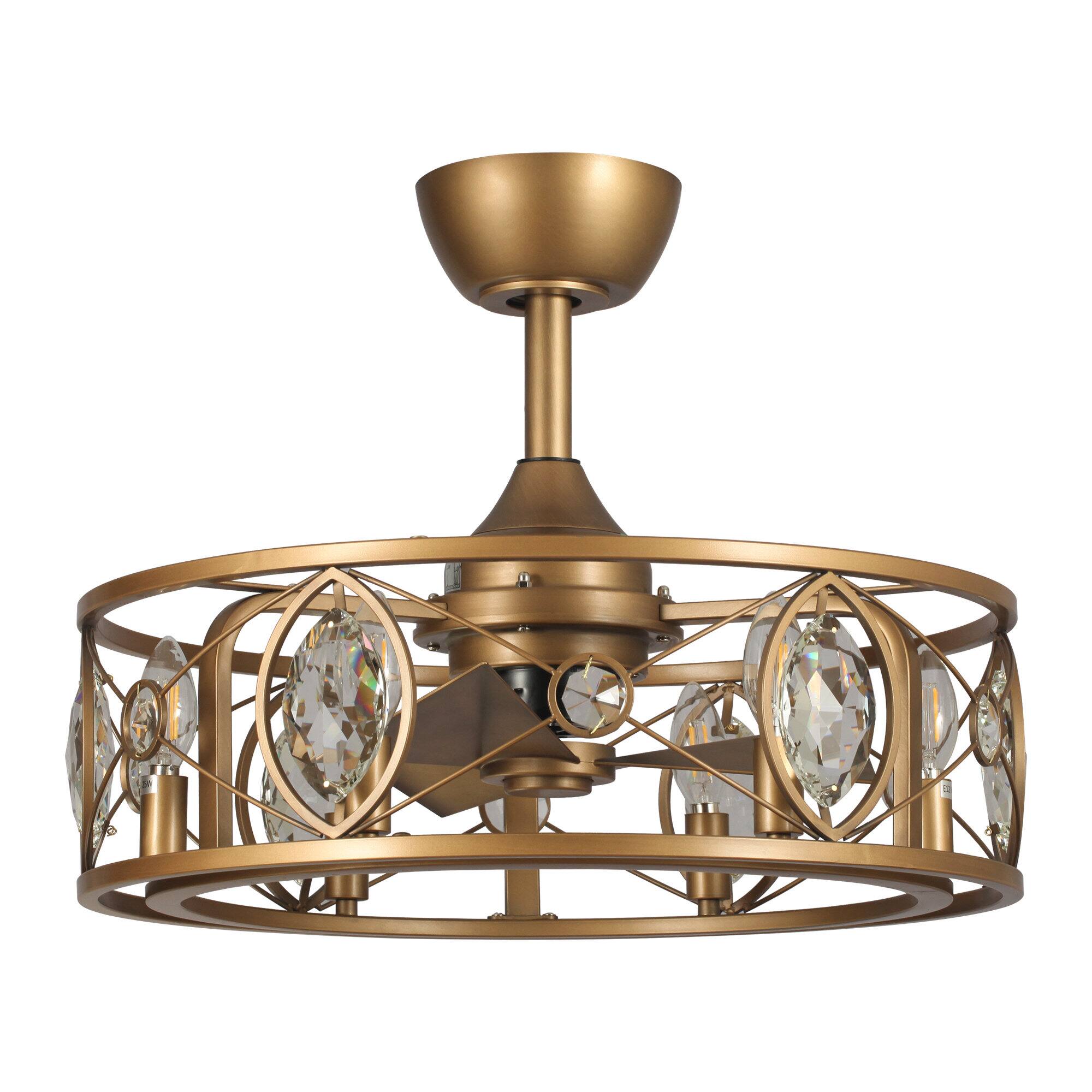 Alt View 2. Parrot Uncle - 22" Antique Brass Crystal Caged Ceiling Fan Chandelier with Remote and Light Kit - Brass.