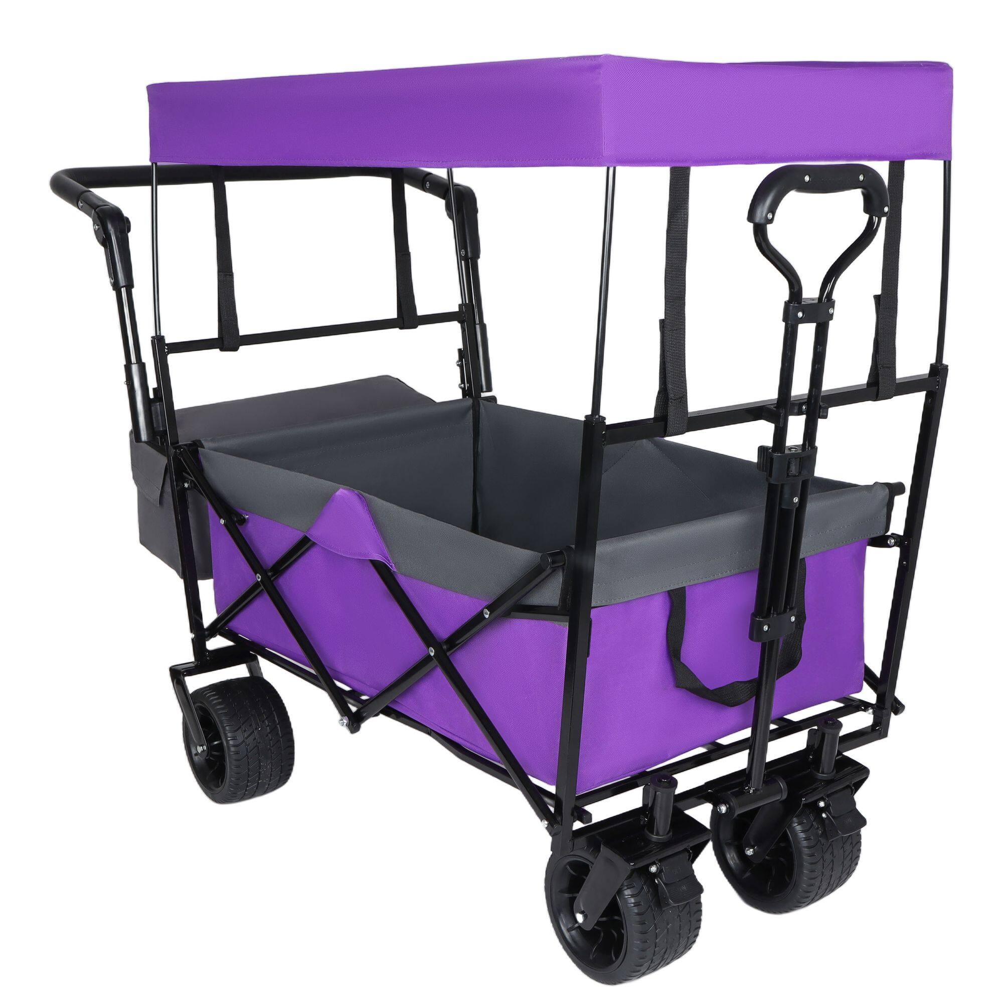 Back. Loheer - Loheer Collapsible Wagon with Canopy Push Handle Heavy Duty Folding Cart All Terrain Wheels Purple.