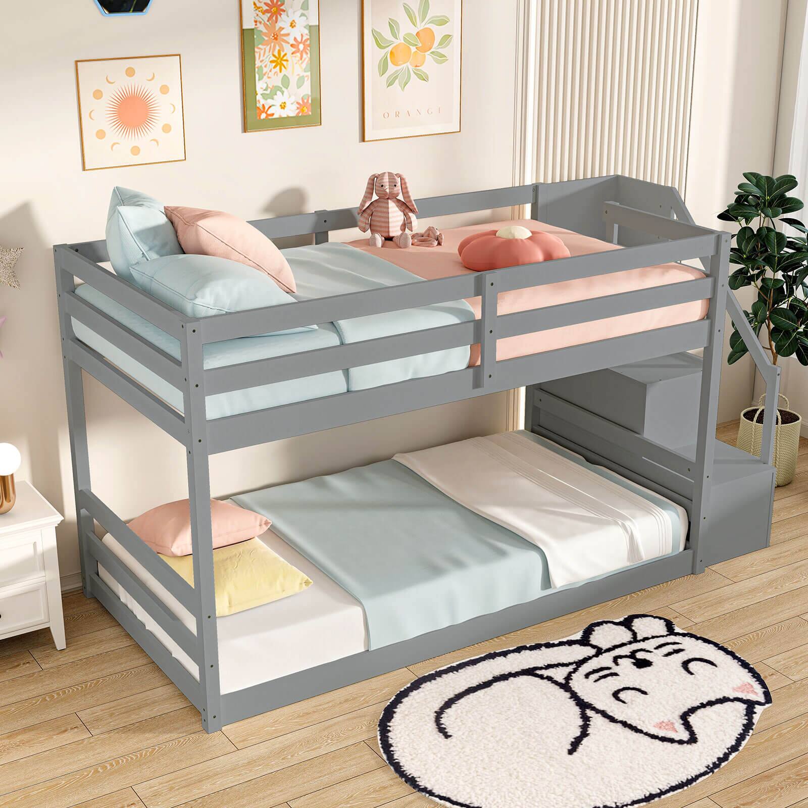 Alt View 5. Costway - Costway Twin Over Twin Low Bunk Bed Solid Wood Floor Bunk Bed Frame with Storage Stairs - Gray.