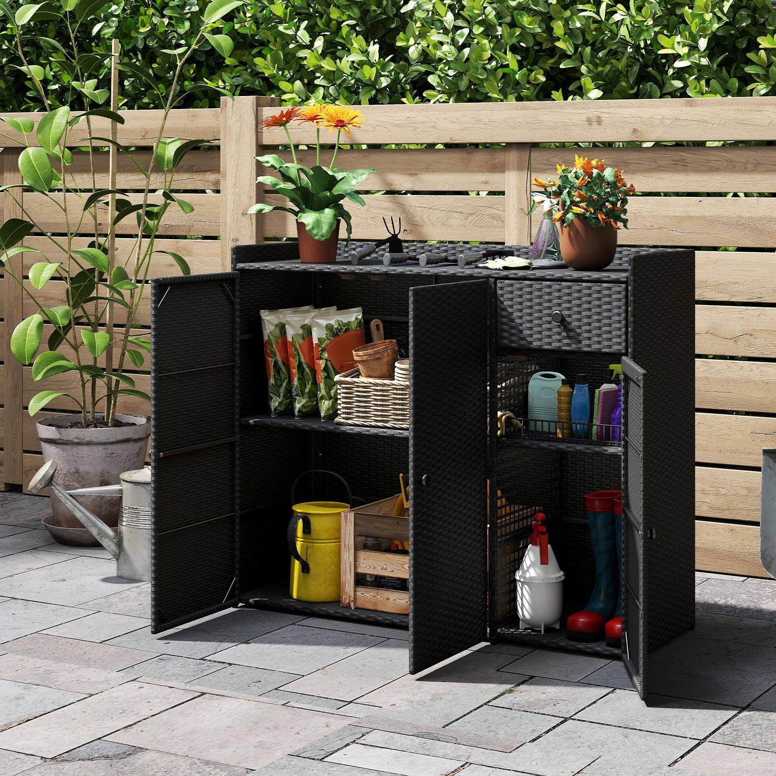 Alt View 1. Costway - Costway Outdoor PE Wicker Storage Cabinet with 3 Doors Adjustable Shelves and Drawer - Mix Black.