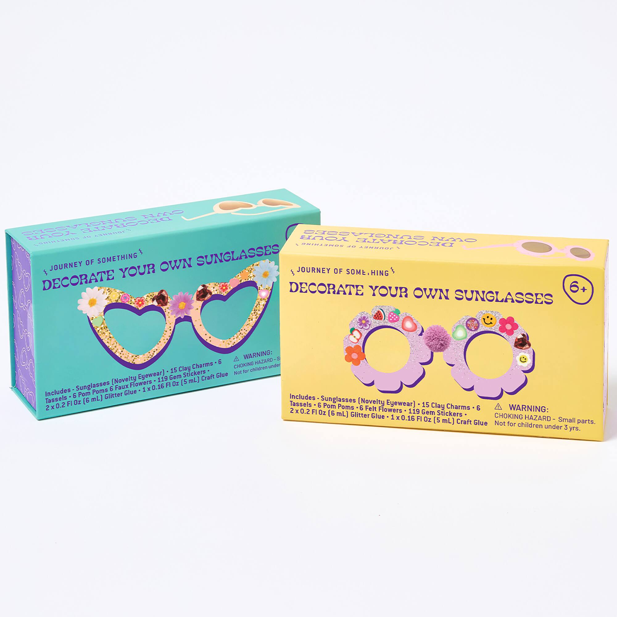 DECORATE YOUR OWN SUNGLASSES  
JOURNEY OF SOMETHING!  

Includes:  
- Sunglasses (Novelty Eyewear)  
- 15 Clay Charms  
- 6 Tassels  
- 6 Pom Poms  
- 6 Felt Flowers  
- 119 Gem Stickers  
- 2 x 0.2 FL OZ (6 mL) Glitter Glue  
- 1 x 0.16 FL OZ (5 mL) Craft Glue  

WARNING: CHOKING HAZARD - Small parts. Not for children under 3 yrs.