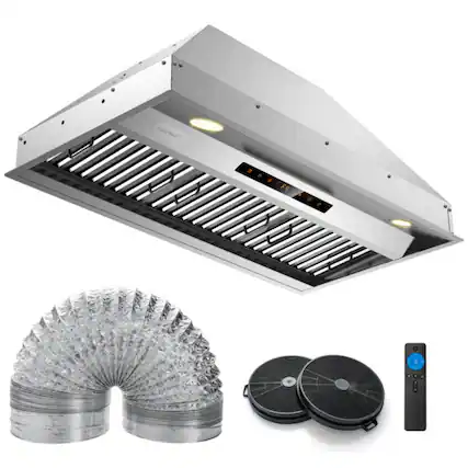 Front. LUCKY ONE - 36 Inch Under Cabinet Range Hood 900 CFM with 4 Speeds & Baffle Filters - Kitchen Vent - Silver.